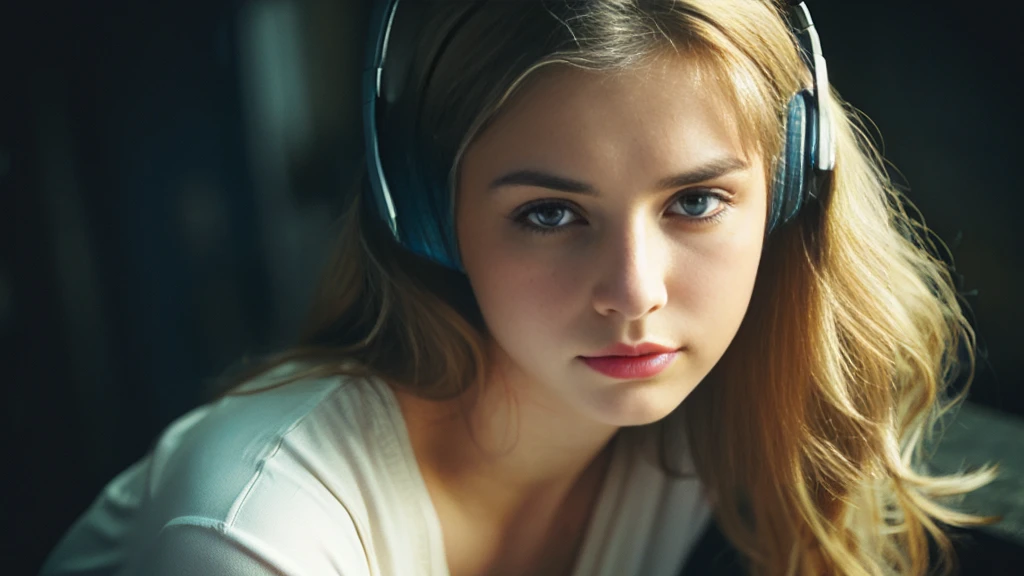 Beautiful blonde with big breasts in a black T-shirt (Sitting in tears in the dark ruins),Wearing headphones,Very detailed, 21 years old, Innocent face, Naturally Wavy Hair, blue eyes, High resolution, masterpiece, Highest quality, Intricate details, Very detailed, Clear focus, Delicate skin, practical skin texture, texture, Delicate eyes, Professional, 4K, Sad crying face, Shot with Canon, 85mm, Shallow and deep, Kodak Vision Color, Exactly, Very detailed, photograph_\(Extremist\), photographpractical, practical, Post-processing, Maximum details, Roughness, Real Life, Extremist practical, Photorealism, photographgraphy, 8K Ultra HD, photographgraphy