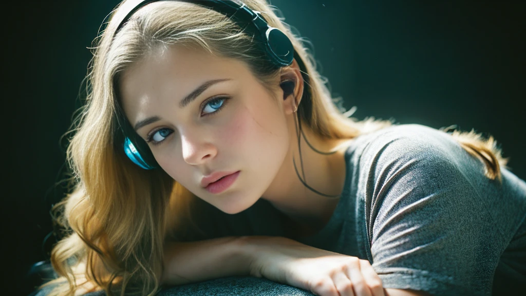 Beautiful blonde with big breasts in a black T-shirt (Sitting in tears in the dark ruins),Wearing headphones,Very detailed, 21 years old, Innocent face, Naturally Wavy Hair, blue eyes, High resolution, masterpiece, Highest quality, Intricate details, Very detailed, Clear focus, Delicate skin, practical skin texture, texture, Delicate eyes, Professional, 4K, Sad crying face, Shot with Canon, 85mm, Shallow and deep, Kodak Vision Color, Exactly, Very detailed, photograph_\(Extremist\), photographpractical, practical, Post-processing, Maximum details, Roughness, Real Life, Extremist practical, Photorealism, photographgraphy, 8K Ultra HD, photographgraphy
