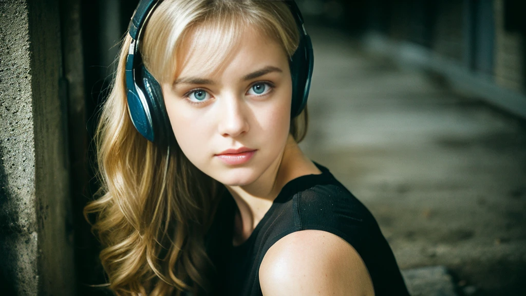 Beautiful blonde with big breasts in a black T-shirt (Sitting in tears in the dark ruins),Wearing headphones,Very detailed, 21 years old, Innocent face, Naturally Wavy Hair, blue eyes, High resolution, masterpiece, Highest quality, Intricate details, Very detailed, Clear focus, Delicate skin, practical skin texture, texture, Delicate eyes, Professional, 4K, Sad crying face, Shot with Canon, 85mm, Shallow and deep,  Kodak Vision Color, Exactly, Very detailed, photograph_\(Extremist\), photographpractical, practical, Post-processing, Maximum details, Roughness, Real Life, Extremist practical, Photorealism, photographgraphy, 8K Ultra HD, photographgraphy