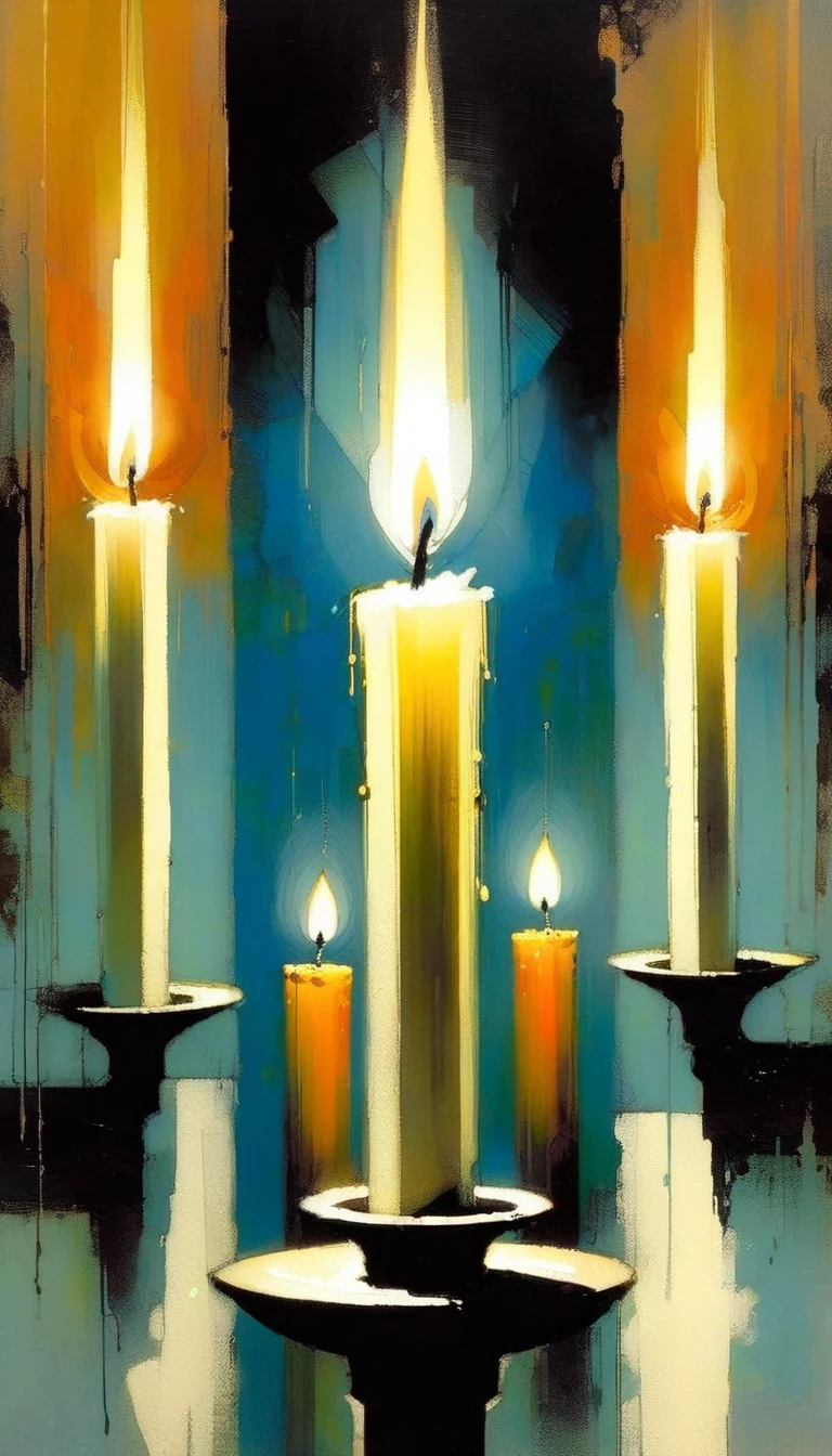 three  church lights candles, ( art inspired by Bill Sienkiewicz, oil painting)