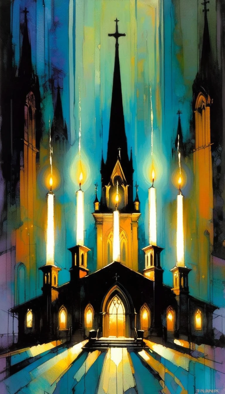 three church lights candles, ( art inspired by Bill Sienkiewicz, oil painting)