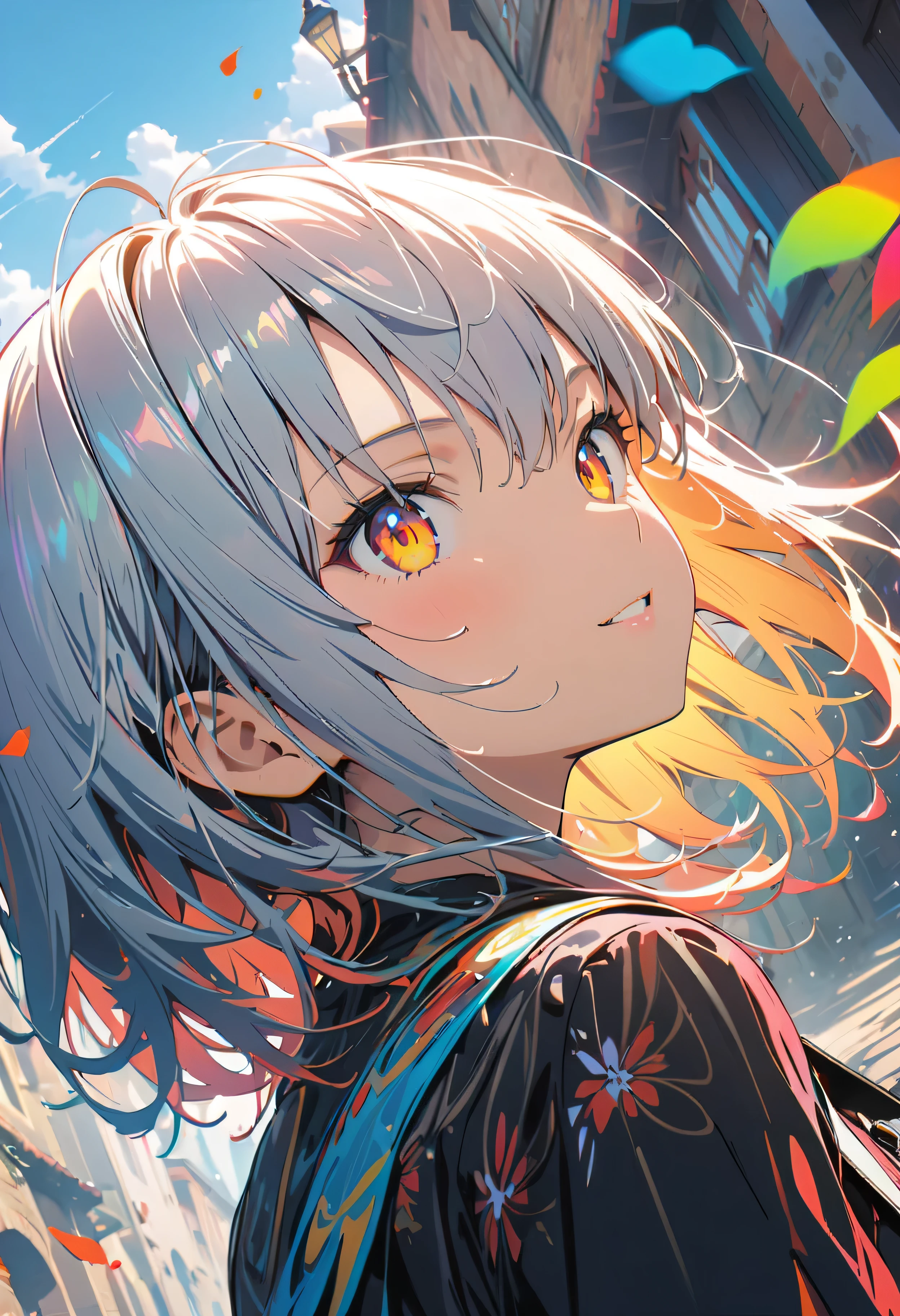 (masterpiece, Highest quality, Official Art:1.2), (colorful), Looking at the audience, One Girl, alone, White Background, floating colorful water, Ultra-fine illustrations, highly detailed, Dynamic Angle, beautiful detailed, 8K, break smiling amidst the colorful scenes, (Highest quality, masterpiece, High resolution, detailed), Anime Style, (Shining Eyes, detailed美しい顔), break,Dynamic Angle