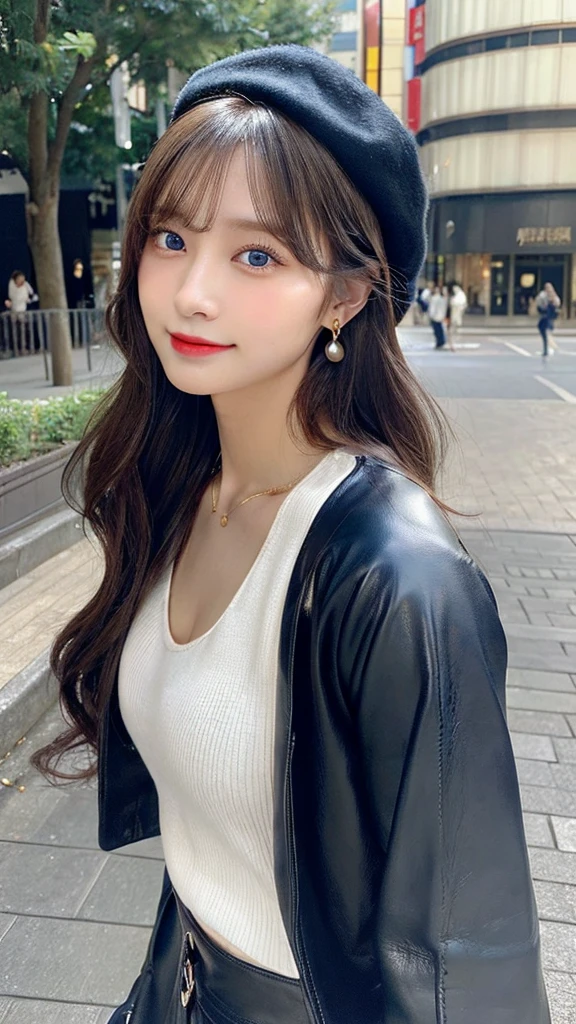 （３２hair,High resolution,High detail,High resolution,high density,alone,In addition：1.3）,（A realistic person々,Live Action,fine grain,High resolutionの目,Beautiful Eyes,Eyes that look alive,Beautiful dark blue eyes,Fishing eyes,Detailed lips,Translucent white skin,Realistic face in every detail：1.3）,（Japanese Ido,hairorean Idols,Japanese Model,hairorean models,hairorean hair-Pop Female Idols：1.2）,（Blushing,Natural Makeup,necklace,Earrings,へそEarrings：1.4）（Military Cargo Pants,A colorful top with an oversized silhouette,Rajkot,Leather boots,hairnitted hats,Mode Style, Beautiful casual look：1.6）,（Shapely breasts：1.5）,（Young but very beautiful hairorean１6 years old ,Cool eyes,Laugh a little,turn around,looked back,Looking into the camera,Fashion Leader,Fashion Model,Soft Skin,Unforgettable Eyes,Her eyes are so beautiful,I want to go to the Paris Collection.........,Cutting-edge fashion：1.6、Left eye is red、Right eye blue、Face close-up、smile、Right facing