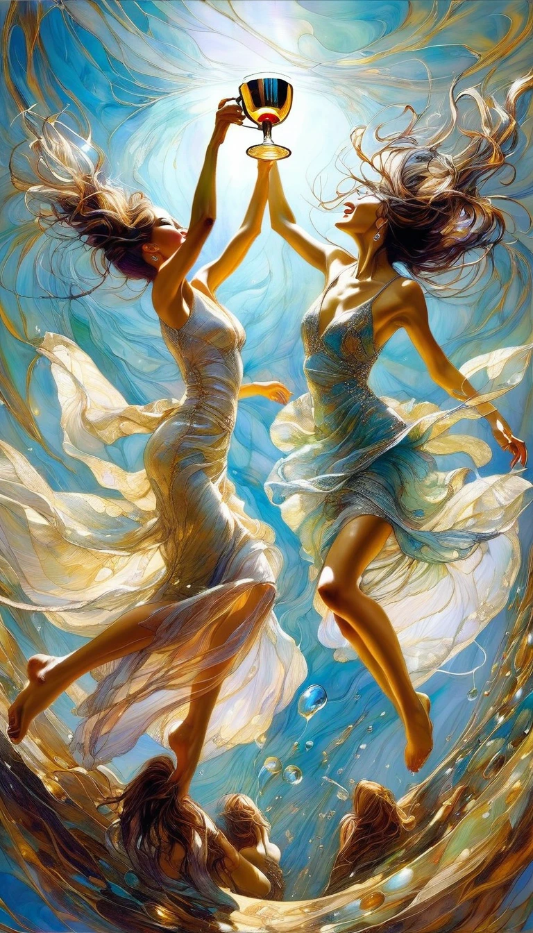 three women have fun and dance, each raising a cup of liquor to the sky, luxurious glasses (art inspired by Brian Froud and Carne Griffiths and Wadim Kashin, intricate details, oil painting)