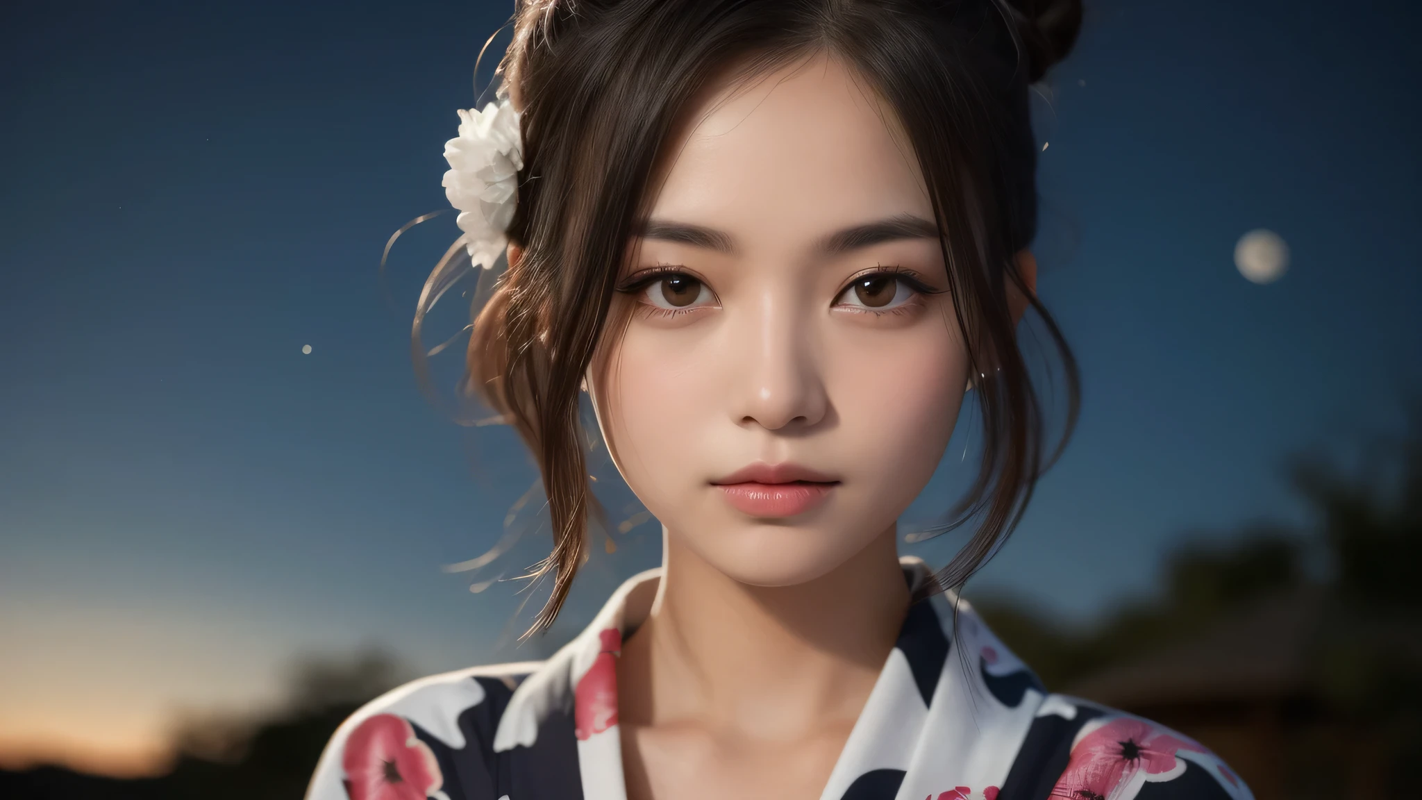 (1women), bun hair, (round eyes:1.2), (highly detailed face), (extremely detailed beautiful face), (floral pattern yukata), (Best Quality:1.4), (Ultra-detailed), extremely detailed CG unified 8k wallpaper, Realistic portrait, Beautiful detailed, High-definition raw color photos, professional photography, night sky, tanzaku, (Japan's Tanabata, Tanabata night), tanzaku, beautiful milky way, (fine face:1.2), focus on women