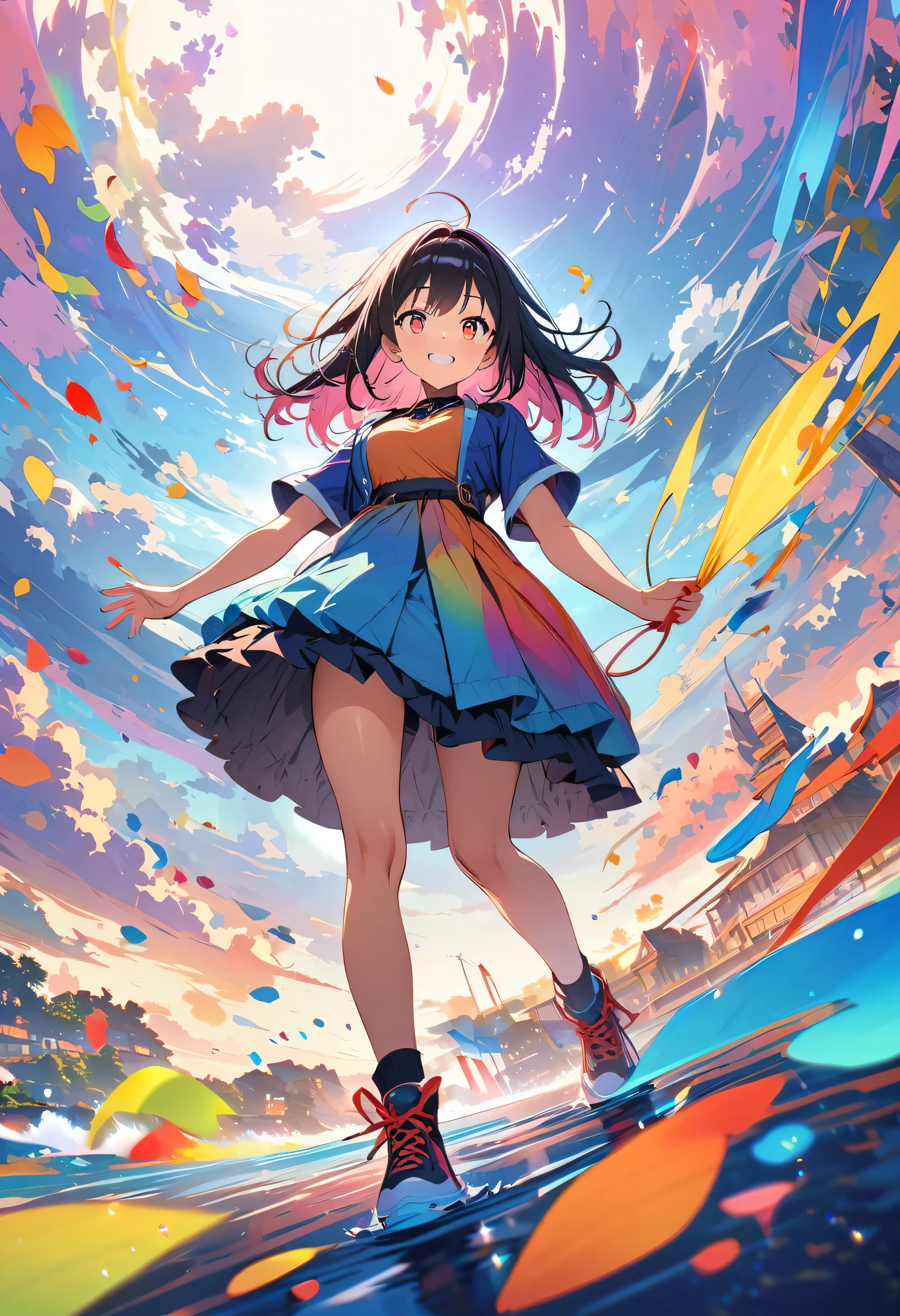 (masterpiece, Highest quality, Official Art:1.2), (colorful), Looking at the audience, One Girl, alone, White Background, floating colorful water, Ultra-fine illustrations, highly detailed, Dynamic Angle, beautiful detailed, 8K, break smiling amidst the colorful scenes, (Highest quality, masterpiece, High resolution, detailed), Anime Style, (Shining Eyes, detailed美しい顔), break,Dynamic Angle