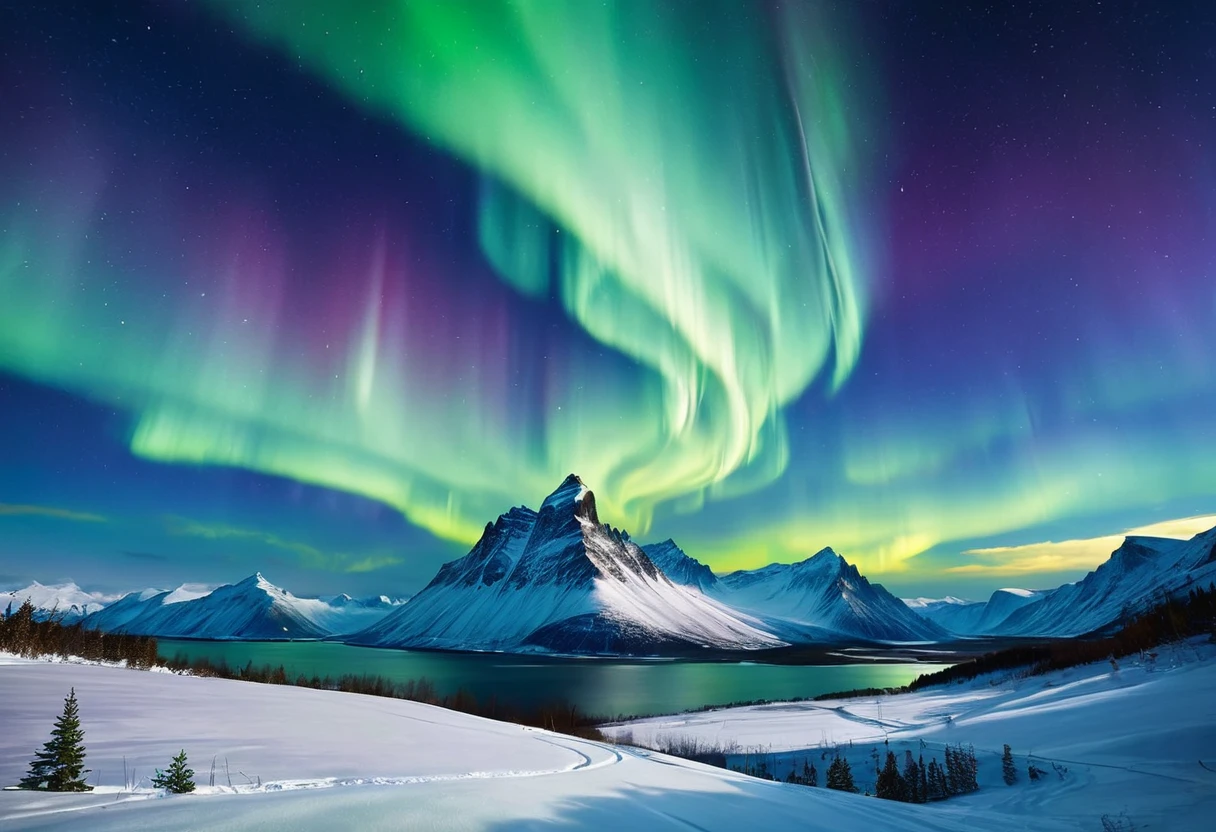 realistic scenery, aurora borealis, beautiful scenery, snow