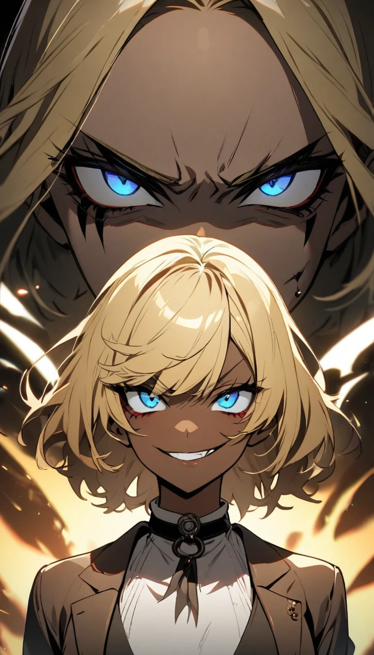 One girl, stylish, Brown skin, Blonde, blue eyes, evil smile