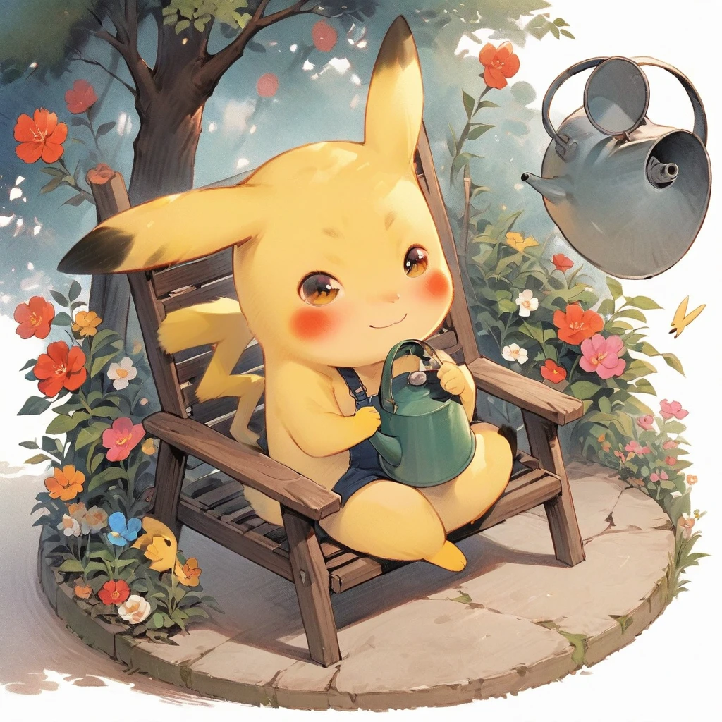 Draw a delightful illustration of Pikachu relaxing in a garden chair. Pikachu should be surrounded by blooming flowers and greenery, sitting comfortably with a smile. Include details like a watering can, garden tools, and butterflies flying around. The overall vibe should be fresh and lively.
