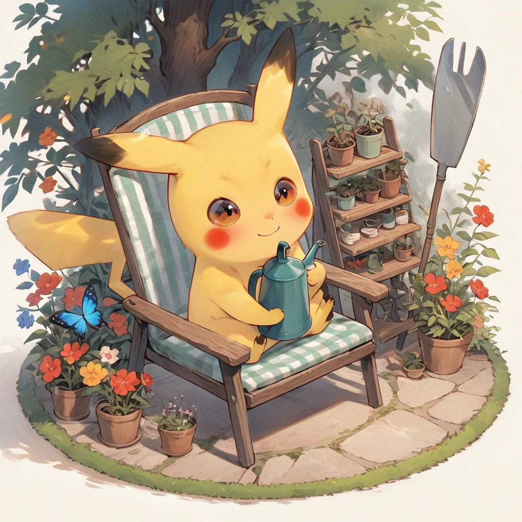 Draw a delightful illustration of Pikachu relaxing in a garden chair. Pikachu should be surrounded by blooming flowers and greenery, sitting comfortably with a smile. Include details like a watering can, garden tools, and butterflies flying around. The overall vibe should be fresh and lively.