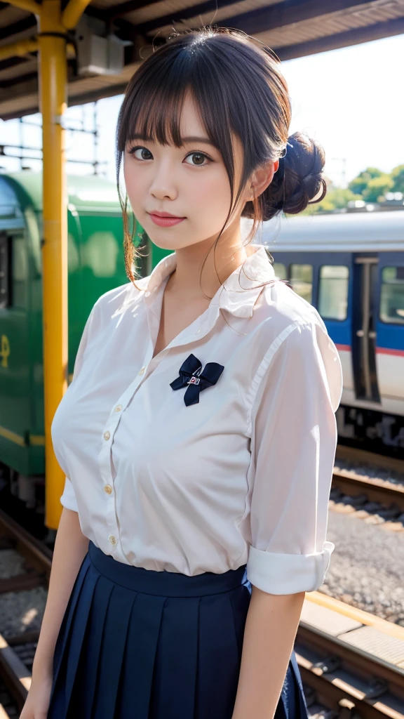 (masterpiece:1.2, highest quality), bokeh, 1 high school girl, 
(Japanese idle:1.6), Plump breast, Blushed face, updo, Looking at the viewer, standing at the train railway, high school uniform:1.6), sundown, Close up, expresses the roundness and softness of your chest
