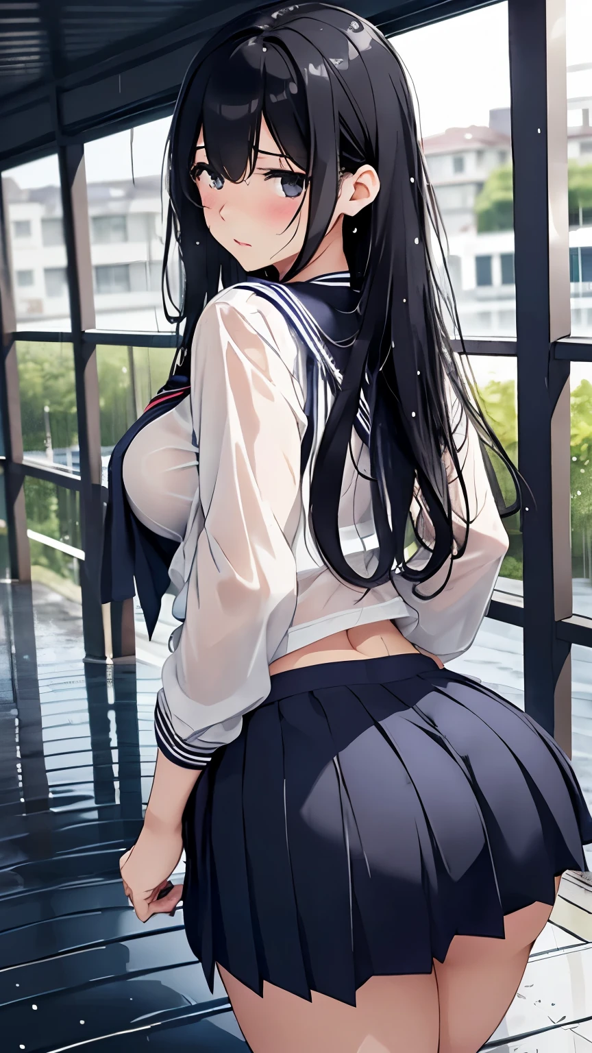 high school girl、beautiful girl、Black Hair、Big breasted body type、Big Hips、From behind、Sailor-style 、She is flipping up her navy blue pleated skirt、Flushed Cheeks、Moist eyes、Shy expression、The veranda on a rainy day、Erotic atmosphere、Immoral scene、Sensual scene、Wet Hair、Wet Skin、Wet clothes、