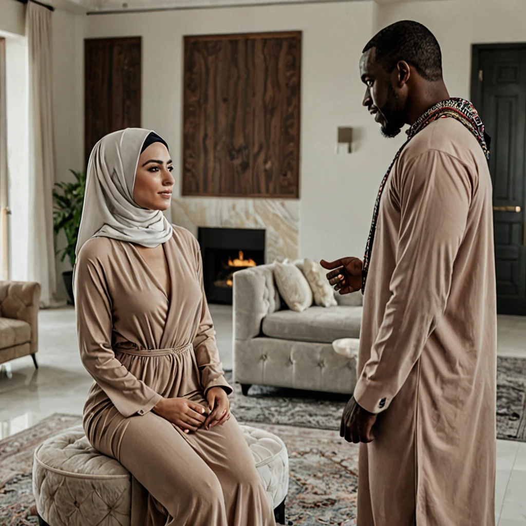 Kurdish woman in hijab talking with a black man in luxury house view from side