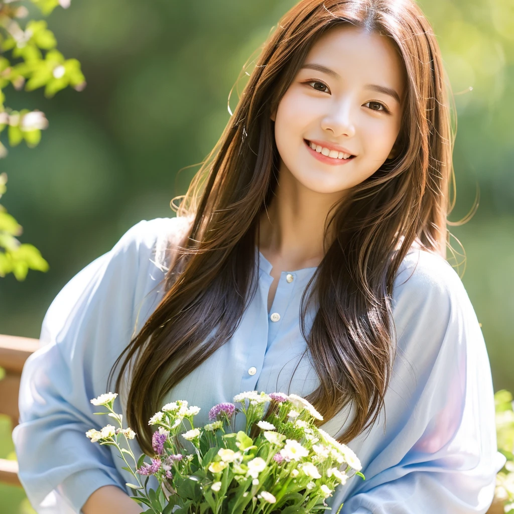 Create an image of a young woman around 25 years old, inspired by the provided image. The woman should have long, flowing hair and a gentle smile, holding a bouquet of flowers similar to the one in the reference. The setting should be a beautiful outdoor environment with greenery in the background, reminiscent of a sunny day. The woman should have a slightly more mature appearance while maintaining a warm and friendly expression. Ensure the lighting and color tones are soft and natural, highlighting her youthful yet mature beauty.