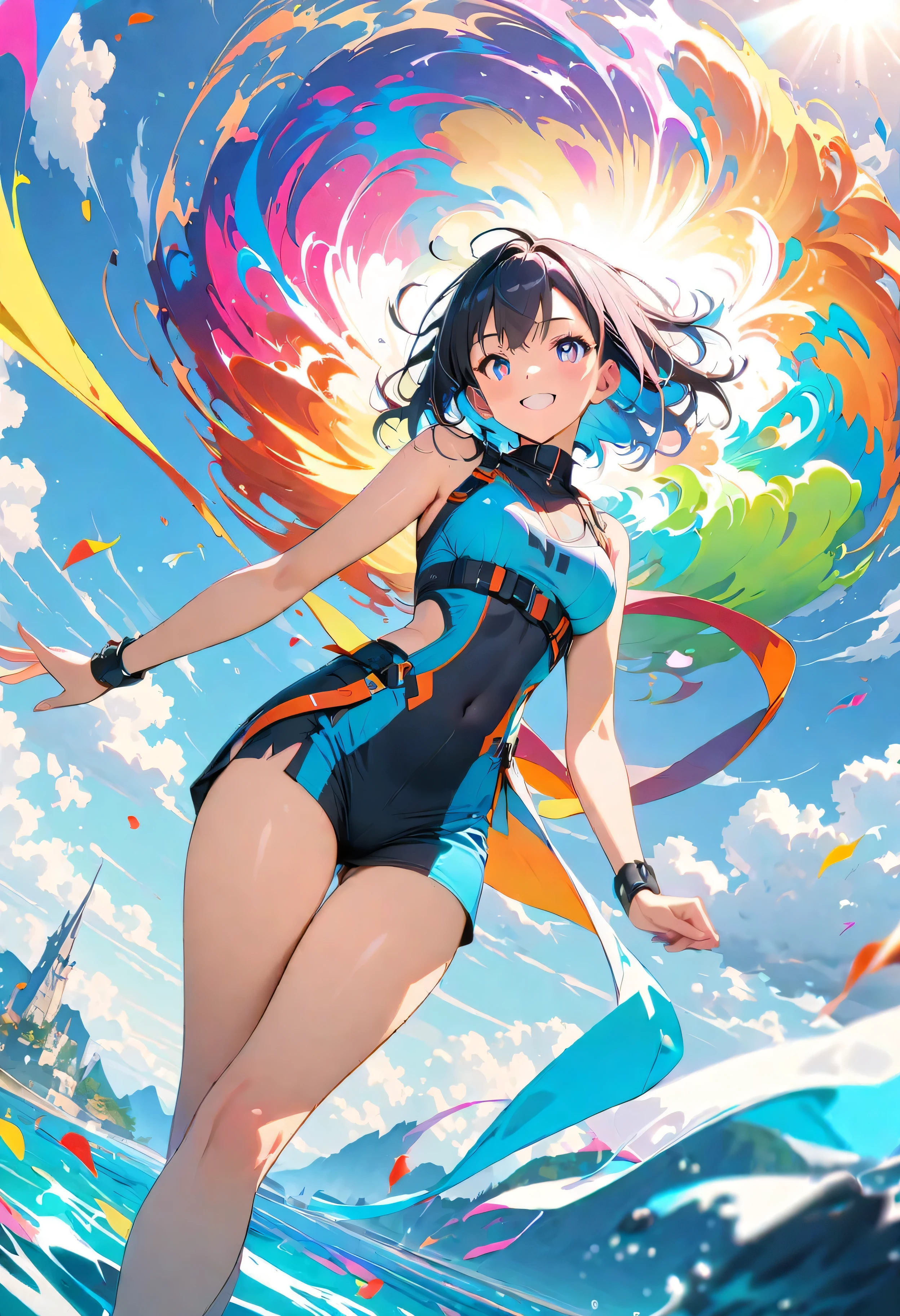 (masterpiece, Highest quality, Official Art:1.2), (colorful), Looking at the audience, One Girl, alone, White Background, floating colorful water, Ultra-fine illustrations, highly detailed, Dynamic Angle, beautiful detailed, 8K, break smiling amidst the colorful scenes, (Highest quality, masterpiece, High resolution, detailed), Anime Style, (Shining Eyes, detailed美しい顔), break,Dynamic Angle