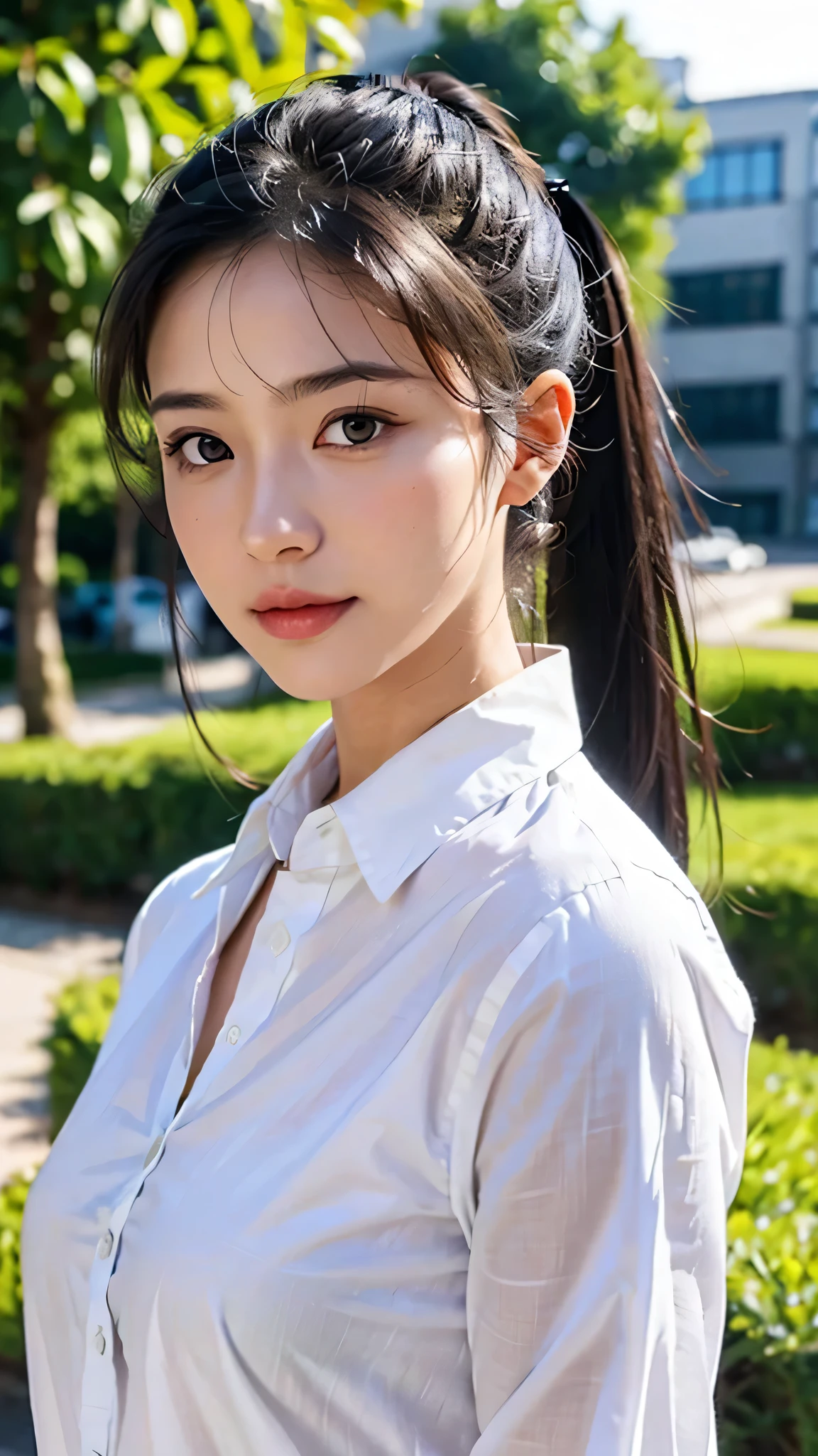 White collared shirt,jeans,outdoors,Urban Park,On the lawn,One woman,close up face,fully body photo,masutepiece, The highest image quality, High quality, the background is clear,Beautiful woman, Japanese, Detailed, Ultra-detailed, finely detail, hight resolution, 8K Wallpaper, Perfect dynamic composition, Beautiful detailed eyes ,Detailed eyes, Detailed skin, Beautiful skin, 超hight resolution, (reality: 1.4),Very beautiful woman, Slightly younger face, Beautiful skin, slender, (Ultra photo realsisim), (hight resolution), (8K), (Very detailed) (beautifully detailed eyes), (super detailed), (Detailed face), view the viewer, Fine details, Detailed face, Staring straight ahead, Staring straight ahead, photos realistic, Bright lighting, Professional Lighting, Black hair,poneyTail,a baby face,sixteen years old,Hairstyle: ponytail,Long ponytail hairstyle,slight smile,