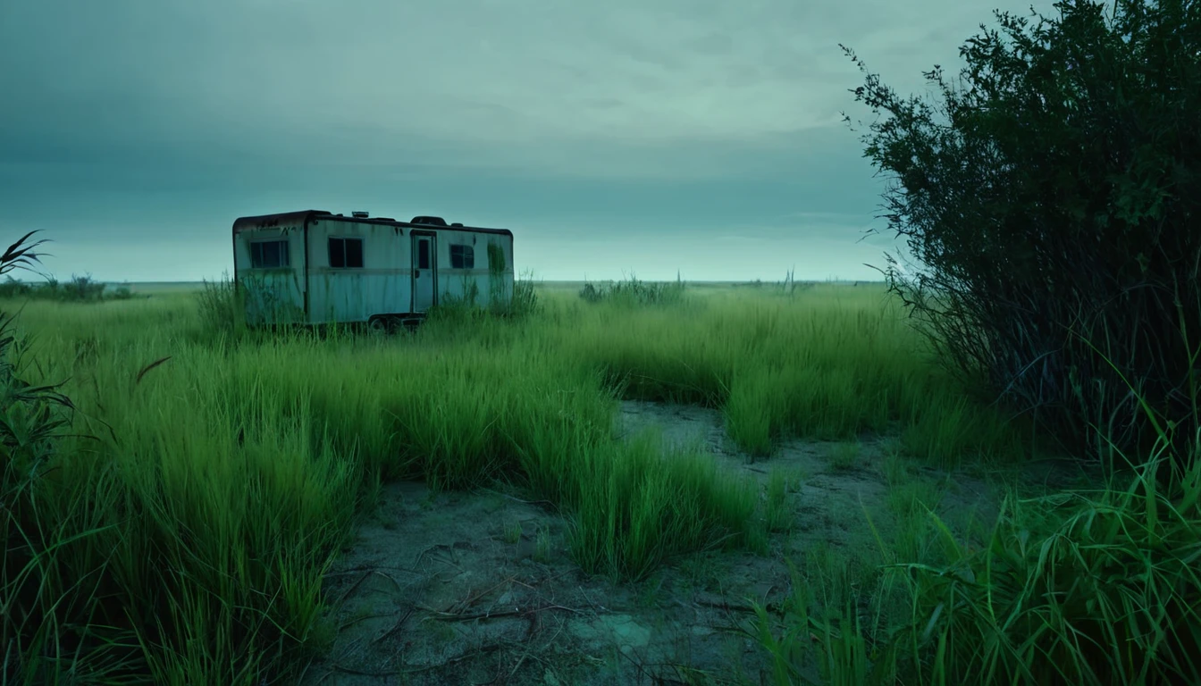 hidden trailer, empty land, tall grass and bushes, eerie environment