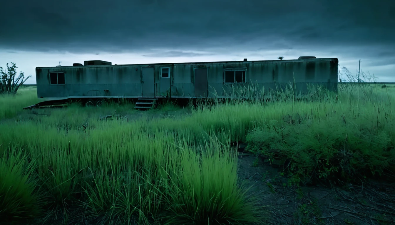 hidden trailer, empty land, tall grass and bushes, eerie environment