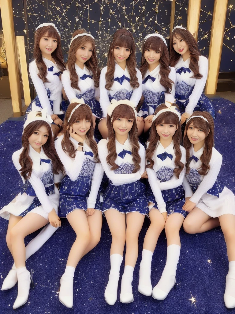 (group photo, multiple girls, Cute Japanese woman with a perfect body, (((12 super sexy and super cute Japanese girls)))), (Idol Group),  (masterpiece, high quality:1.2), big breasts, (((Constellation costumes))), (smile), (Beautiful starry night view), highly detailed face, Constellation night view、BREAK, ((Idol costumes with a constellation motif)), Idol Groupの uniform, smile、bangs, Bright white skin, grace,  air, (8k RAW photo:1.1), Natural light, 6Women, japanese idol