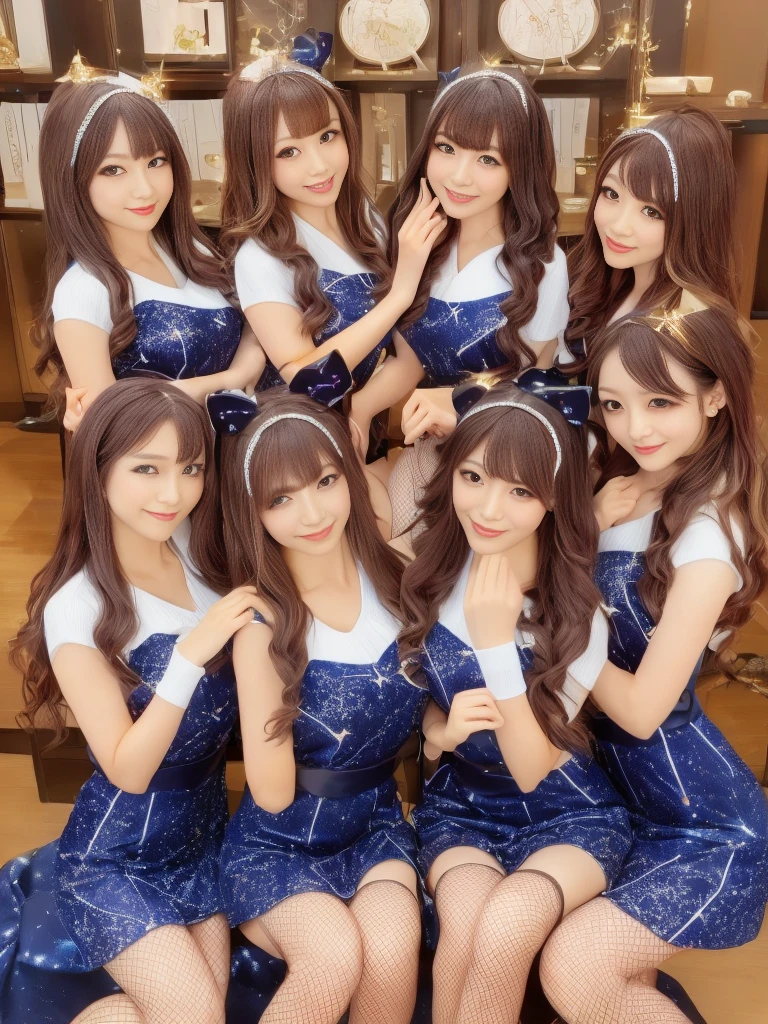 (group photo, multiple girls, Cute Japanese woman with a perfect body, (((12 super sexy and super cute Japanese girls)))), (Idol Group),  (masterpiece, high quality:1.2), big breasts, (((Constellation costumes))), (smile), (Beautiful starry night view), highly detailed face, Constellation night view、BREAK, ((Idol costumes with a constellation motif)), Idol Groupの uniform, smile、bangs, Bright white skin, grace, Transparent air, (8k RAW photo:1.1), Natural light, 6Women, japanese idol