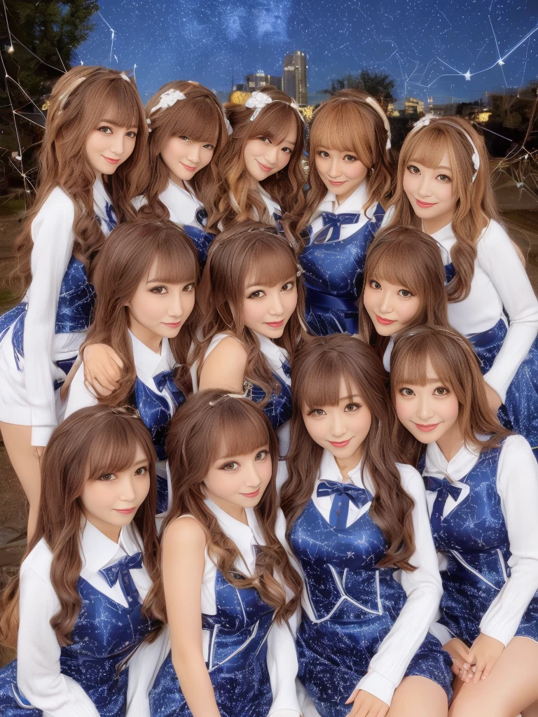 (group photo, multiple girls, Cute Japanese woman with a perfect body, (((12 super sexy and super cute Japanese girls)))), (Idol Group), (masterpiece, high quality:1.2), big breasts, (((Constellation costumes))), (smile), (Beautiful starry night view), highly detailed face, Constellation night view、BREAK, ((Idol costumes with a constellation motif)), Idol Groupの uniform, smile、bangs, Bright white skin, grace, Transparent air, (8k RAW photo:1.1), Natural light, 6Women, japanese idol