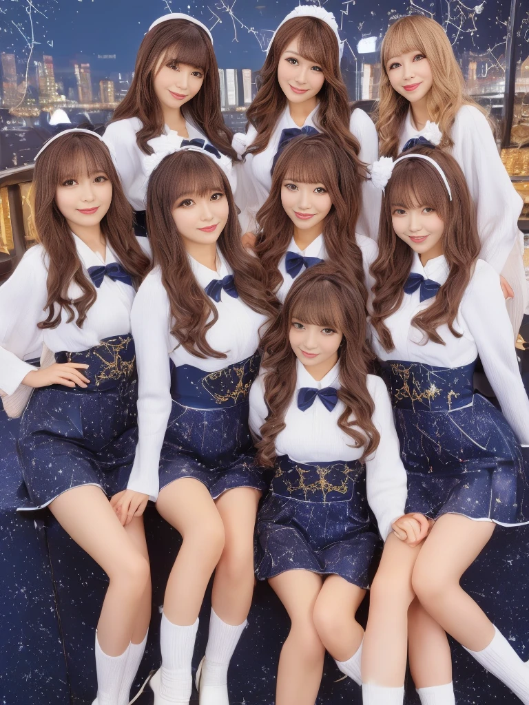 (group photo, multiple girls, Cute Japanese woman with a perfect body, (((12 super sexy and super cute Japanese girls)))), (Idol Group),  (masterpiece, high quality:1.2), big breasts, (((Constellation costumes))), (smile), (Beautiful starry night view), highly detailed face, Constellation night view、BREAK, ((Idol costumes with a constellation motif)), Idol Groupの uniform, smile、bangs, Bright white skin, grace, Transparent air, (8k RAW photo:1.1), Natural light, 6Women, japanese idol