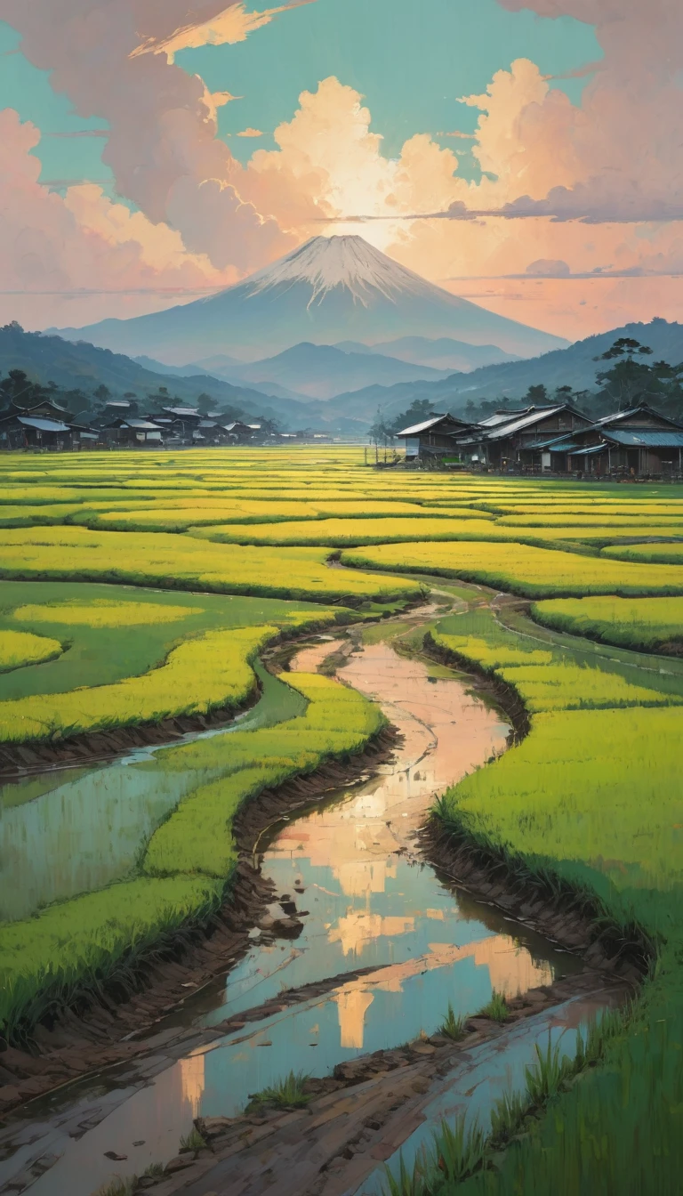 Paddy field, Alena Aenami, Highest quality, masterpiece, Representative works, Official Art, Professional, Super intricate details, 8K