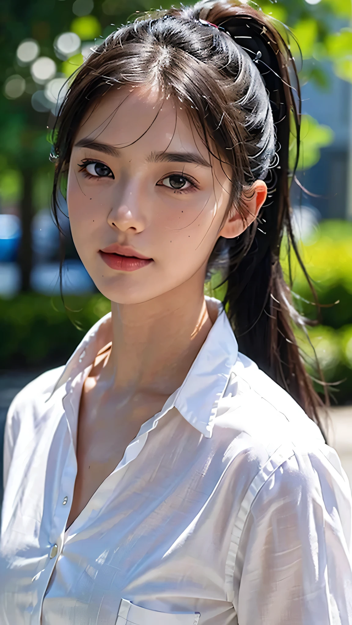 White collared shirt,jeans,outdoors,Urban Park,On the lawn,One woman,close up face,fully body photo,masutepiece, The highest image quality, High quality, the background is clear,Beautiful woman, Japanese, Detailed, Ultra-detailed, finely detail, hight resolution, 8K Wallpaper, Perfect dynamic composition, Beautiful detailed eyes ,Detailed eyes, Detailed skin, Beautiful skin, 超hight resolution, (reality: 1.4),Very beautiful woman, Slightly younger face, Beautiful skin, slender, (Ultra photo realsisim), (hight resolution), (8K), (Very detailed) (beautifully detailed eyes), (super detailed), (Detailed face), view the viewer, Fine details, Detailed face, Staring straight ahead, Staring straight ahead, photos realistic, Bright lighting, Professional Lighting, Black hair,poneyTail,a baby face,sixteen years old,Hairstyle: ponytail,Long ponytail hairstyle,slight smile,