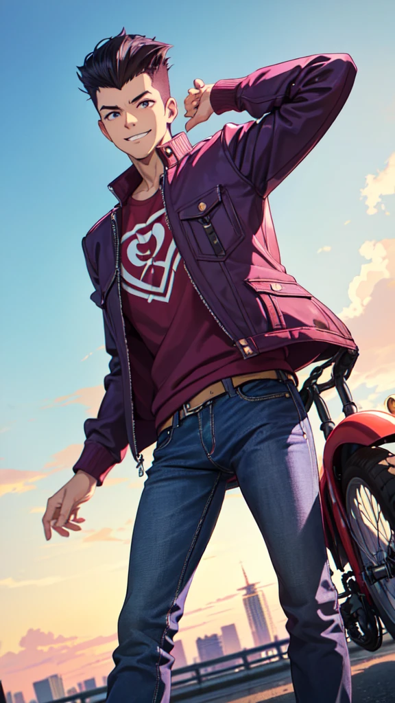 Bad boy, low angle, purple pompadour, red jacket and jeans, looking at camera, smiling, Tokyo city