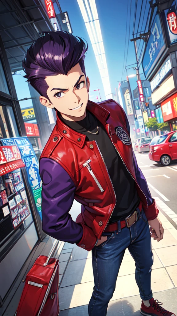 Bad boy, low angle, purple pompadour, red jacket and jeans, looking at camera, smiling, Tokyo city