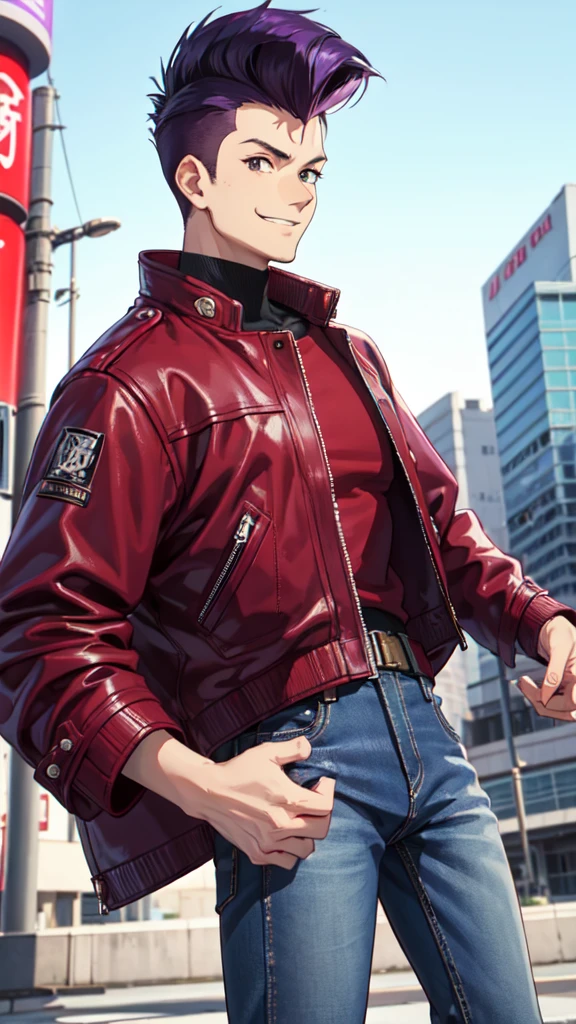 Bad boy, low angle, purple pompadour, red jacket and jeans, looking at camera, smiling, Tokyo city