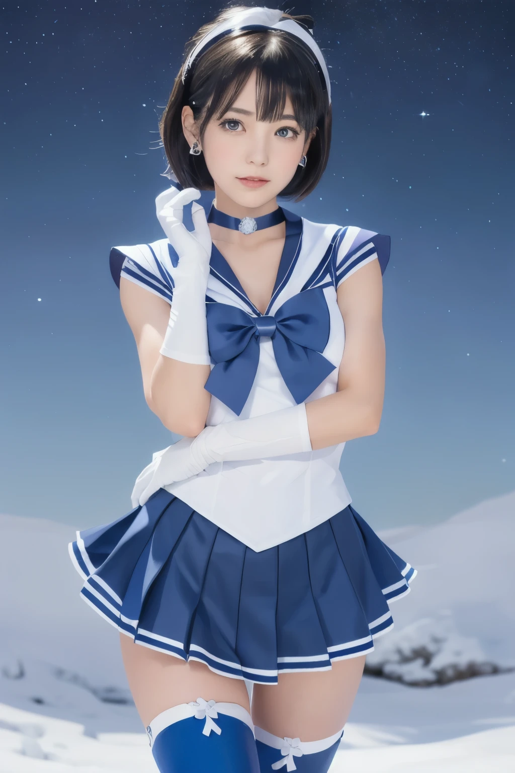 Mer1, tiara, sailor senshi uniform, blue sailor collar, bow, knee boots, choker, white gloves, blue choker, elbow gloves, jewelry, earrings, blue skirt,(Highest quality, masterpiece, Ultra-high resolution), Mercury in the background, Dynamic pose,Cute face,Realistic Skin,Realistic Face