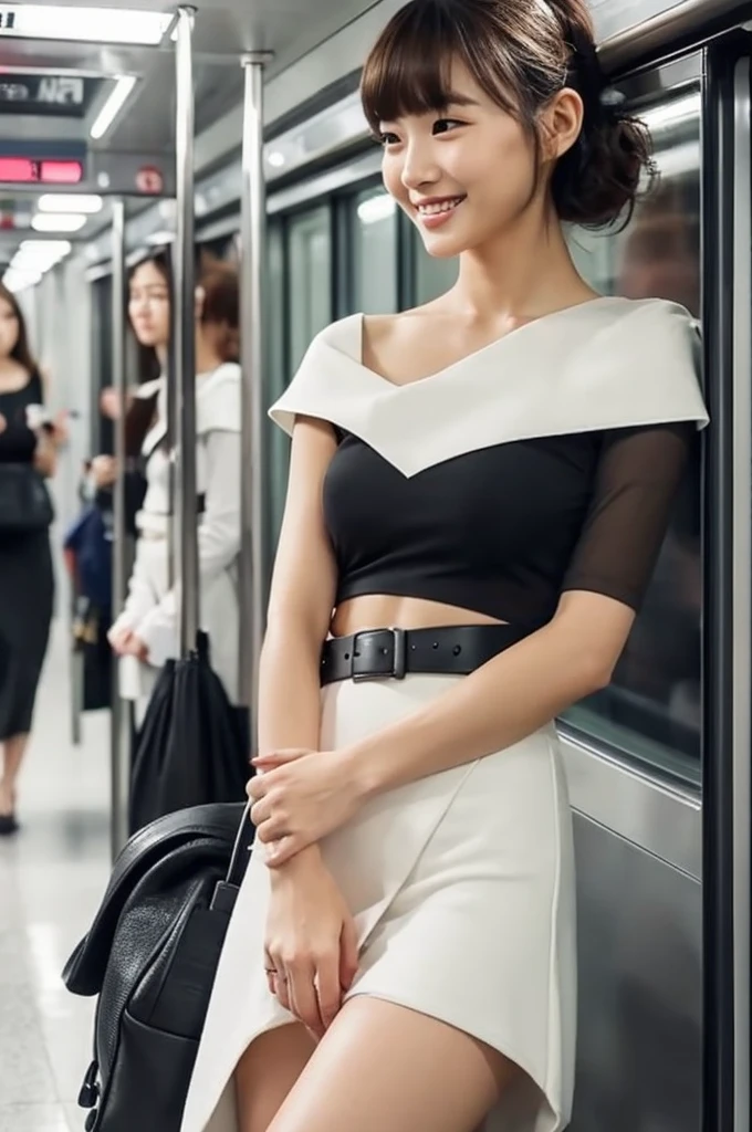 A packed train in tokyo, office ladies commuting to work, suits, people standing so close together that their bodies are touching, ((full body)), ((photo)), ((best qualtiy, 8K, tmasterpiece:1.3)), Focus:1.2, perfect figure beautiful girl:1.4, 1girl, cowboy shot, look at viewer, incredibly absurd, beautiful and cute girl with a photorealistic face, showcasing top-quality craftsmanship, A Japanese woman looking cramped on a crowded train, 20 years old, long dark brown hair that falls to her shoulders, long shiny hair, with bangs, side parted hairstyle, brown eyes, round face, small nose, cherry red lips, bright smile, white teeth, smooth skin, healthy complexion, small ears, natural eyebrows, long eyelashes, slim, well-balanced proportions, moderate muscle, slim waist, round hips, supple limbs, short nails, beautiful C cup breasts, white blouse, black tight skirt, heeled pumps, silver necklace and bracelet, black belt, pretty older woman, beautiful, neat, soothing, cute voice, polite, kind-hearted, responsible, positive, optimistic, sociable, good communication skills, April