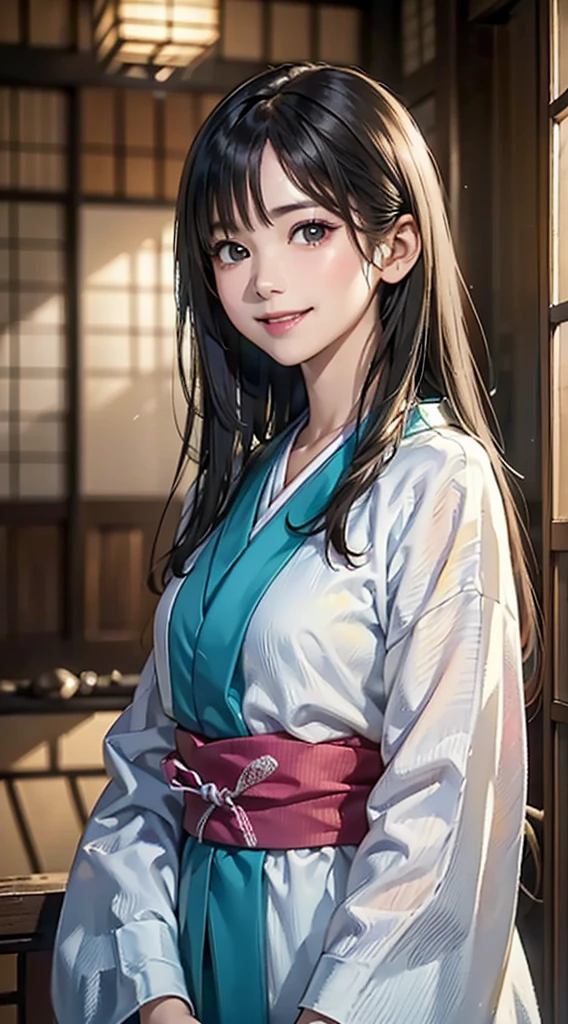(Realistic)、(Realistic:1.2)、(High resolution)、Very detailed、Very beautiful face and eyes、1 girl、Delicate body、(highest quality、Attention to detail、Rich skin detail)、(highest quality、8k、Oil paint:1.2)、Very detailed、(Realistic、Realistic:1.37)、Bright colors、Full Body Shot,black_hair, Beautiful 8k eyes,Looking_in_Audience,One person in,Are standing,((Very beautiful woman, Fuller lips, Japanese pintern kimono))、((Colorful Japanese kimono)))、(((blackhair)))、(((Blunt bung,long straight hair)))、((( Inside an old Japanese house with a (short focus :1.4),)))、(masterpiece, highest quality, highest quality, Official Art, beautifully、aesthetic:1.2),(Fractal Art:1.3),Sengoku period、Greg Rutkowski Written by Alphonse Mucha Ropp,short ,uchikake,nishijin ori,(realistic light and shadow), (real and delicate background),(muted colors, dim colors, soothing tones:1.3), low saturation, (hyperdetailed:1.2), (noir:0.4),drow,blurry_light_background, (vibrant color:1.2), cinematic lighting, ambient lighting,Single Shot,Shallow Focus,pink lip,blurry light background,smile
