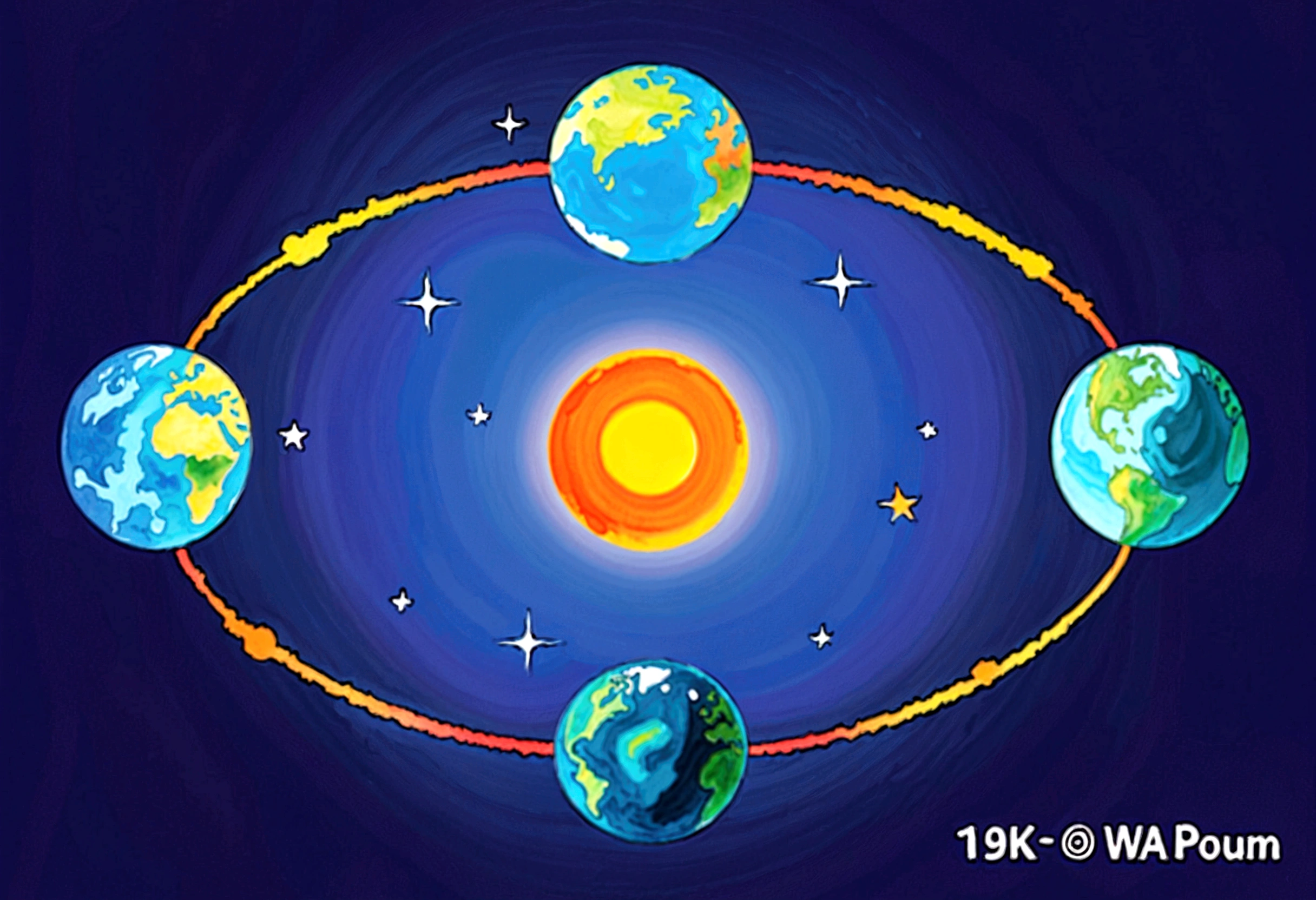 Earth Seasons Map,Show different stages, Earth orbit, Schematic diagram of the Earth's orbit around the sun, Round planet, Strong shadows, A track ring, , cycle,Deep blue space,Soft sunlight,(Bright sunlight:1.5) xiaoguang sun,author:Randolph Caldecott, (Watercolor, masterpiece, Line Art, Illustration Art, Professional line art, Super complex and detailed, Chinese painting,8K:1.3)