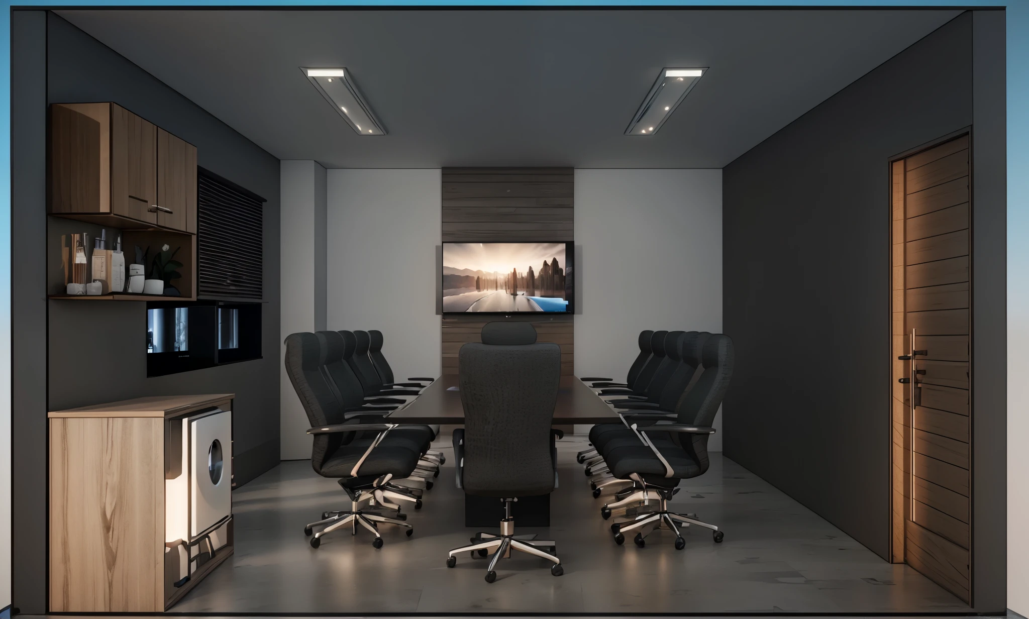 render 8k, high realism, Cinema 4k, 3d, High definition, meeting room, neutral lighting, with warm color LED on the TV Panel.