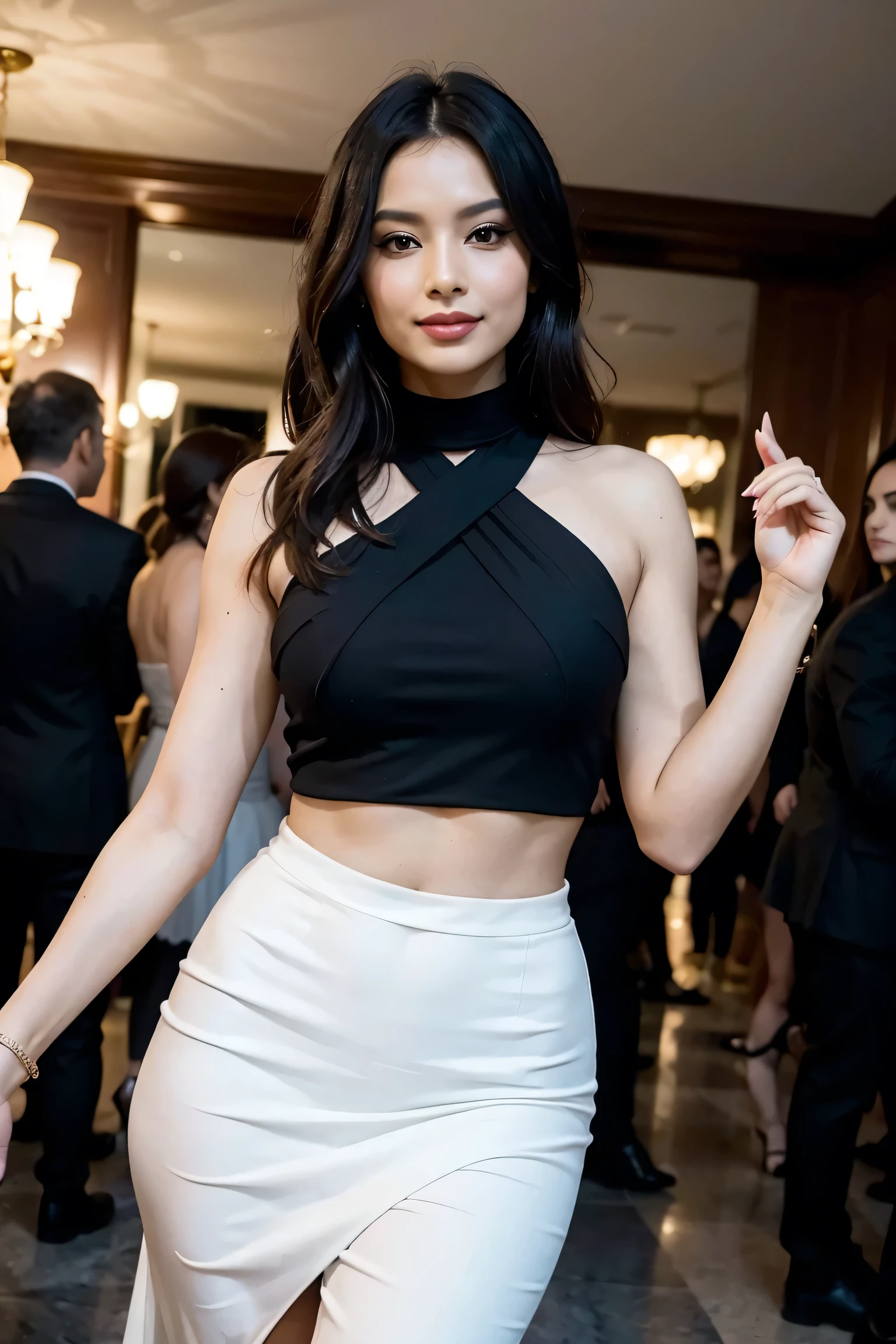 Radiant in black, she stood at the heart of the party, a vision of elegance amidst the lively crowd. Her graceful presence drew admiring glances, embodying the essence of beauty and style."