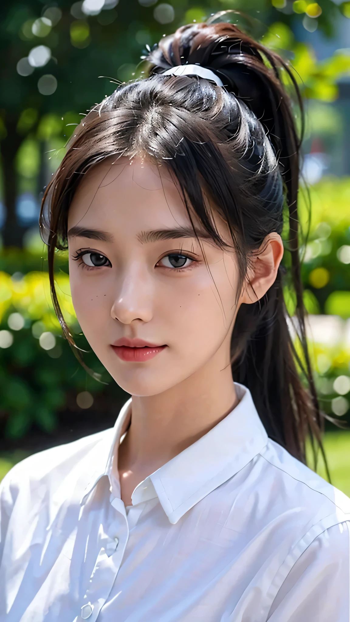 White collared shirt,jeans,outdoors,Urban Park,On the lawn,One woman,close up face,fully body photo,masutepiece, The highest image quality, High quality, the background is clear，Beautiful woman, Japanese, Detailed, Ultra-detailed, finely detail, hight resolution, 8K Wallpaper, Perfect dynamic composition, Beautiful detailed eyes ,Detailed eyes, Detailed skin, Beautiful skin, 超hight resolution, (reality: 1.4),Very beautiful woman, Slightly younger face, Beautiful skin, slender, (Ultra photo realsisim), (hight resolution), (8K), (Very detailed) (beautifully detailed eyes), (super detailed),   (Detailed face), view the viewer, Fine details, Detailed face, Staring straight ahead, Staring straight ahead, photos realistic, Bright lighting, Professional Lighting, Black hair,poneyTail,a baby face,sixteen years old,Hairstyle: ponytail,Long ponytail hairstyle,slight smile,