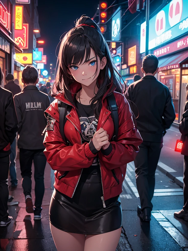 (masterpiece、top-quality、hight resolution), From the perspective of a man attempting to enter a red-light district, he is caught by surprise as he is recognized by a former school bully, a delinquent girl from his student days. The scene is tense and awkward, with the bustling, neon-lit streets of the red-light district in the background. The delinquent girl, dressed in a casual yet rebellious manner, smirks and teases him, saying something mocking like, "Well, well, look who we have here, trying to sneak into the red-light district." Her demeanor is confident and taunting, adding to the man's discomfort and embarrassment. nsfw