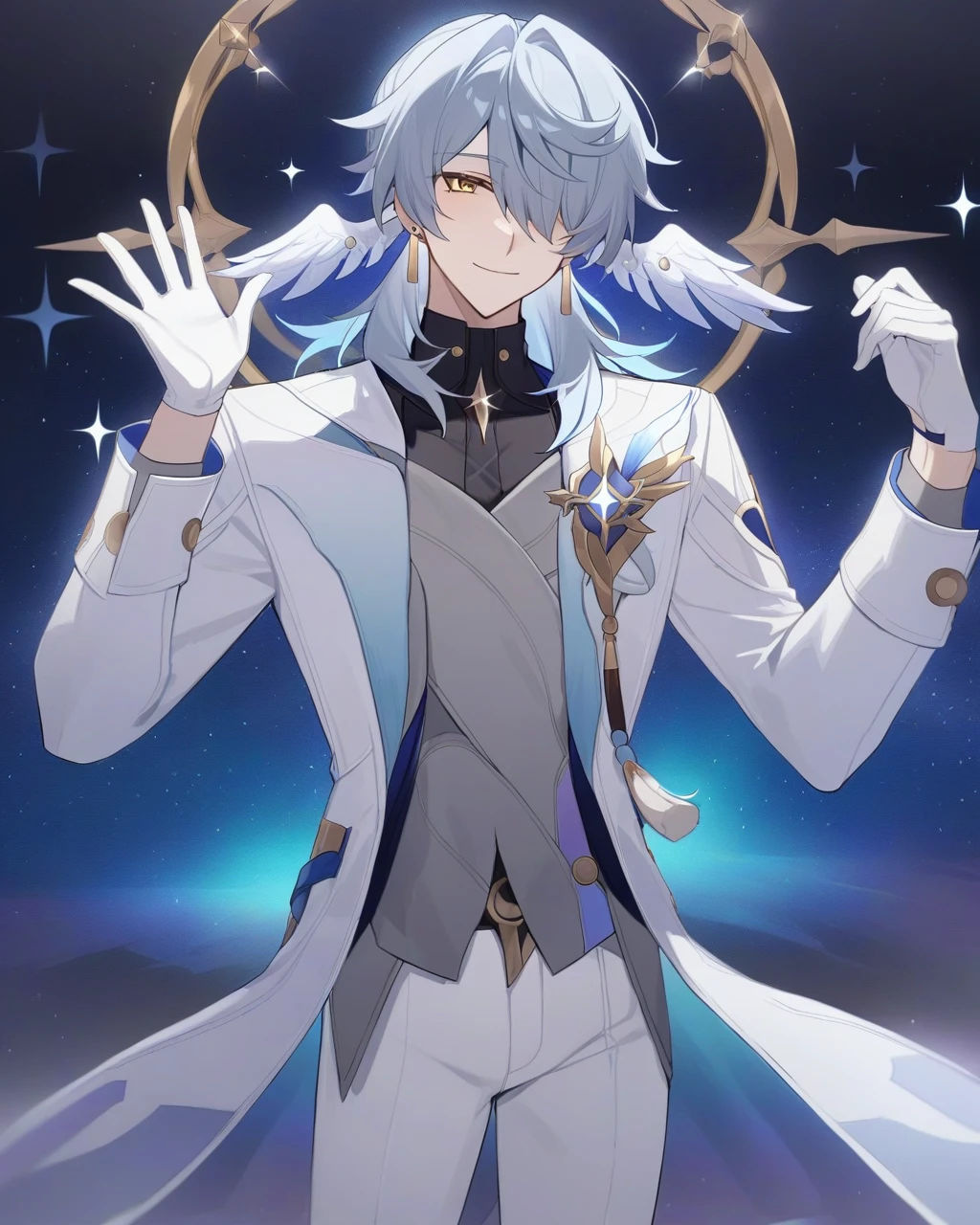 masterpiece,best quality,sunday_(honkai:_star_rail), pants, grey_vest, gold_trim, standing, open_clothes, black_shirt, sidelocks, white_coat, one_eye_covered, night star background, tassel, smile, vest, hands_up, starry_sky, looking_at_viewer, gloves, solo, star_\(sky\), sparkle, glint, diffraction_spikes, open_coat, hand_up, shirt, hair_over_one_eye, long_sleeves, jewelry, white_gloves, white_jacket, jacket, ahoge, open_jacket, 1boy, male_focus, feathers, earrings, white_pants, coat