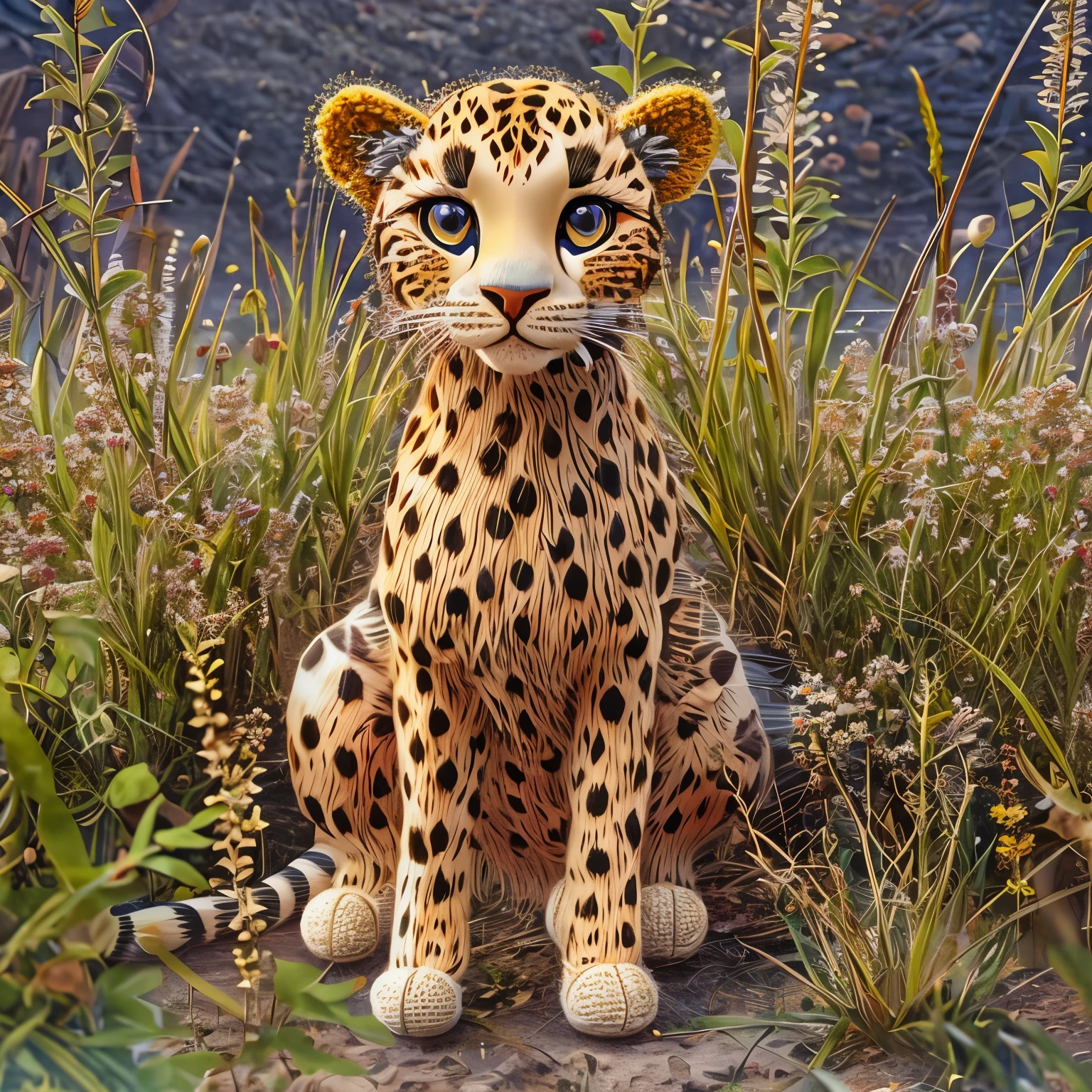 (La best quality,high resolution,Very detailed,Practical),1 cute knitted cheetah，In the grassland，（（A masterpiece full of fantasy elements）））， （（best quality））， （（Intricate details））（8K）