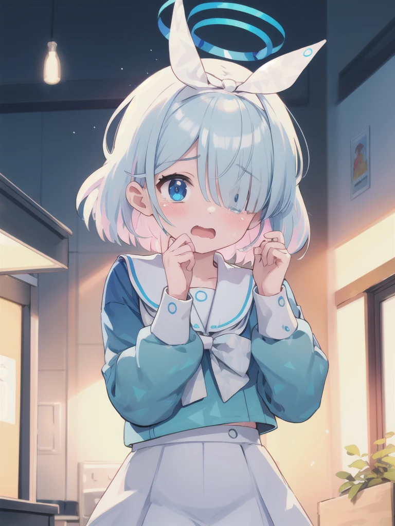 masterpiece,Highest quality,1 Girl,Halo,Cry with your eyes open,Open your mouth,Blue school shirt,Long sleeves,White Skirt,