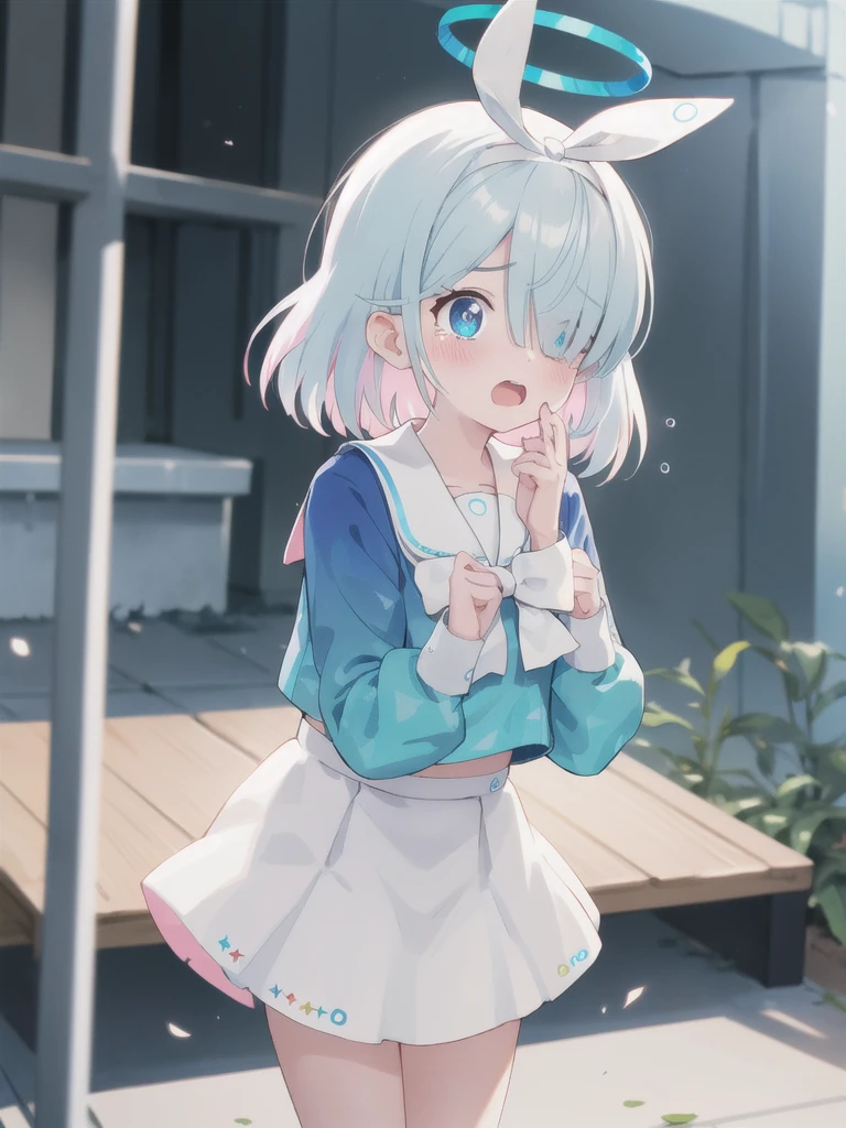 masterpiece,Highest quality,1 Girl,Halo,Cry with your eyes open,Open your mouth,Blue school shirt,Long sleeves,White Skirt,