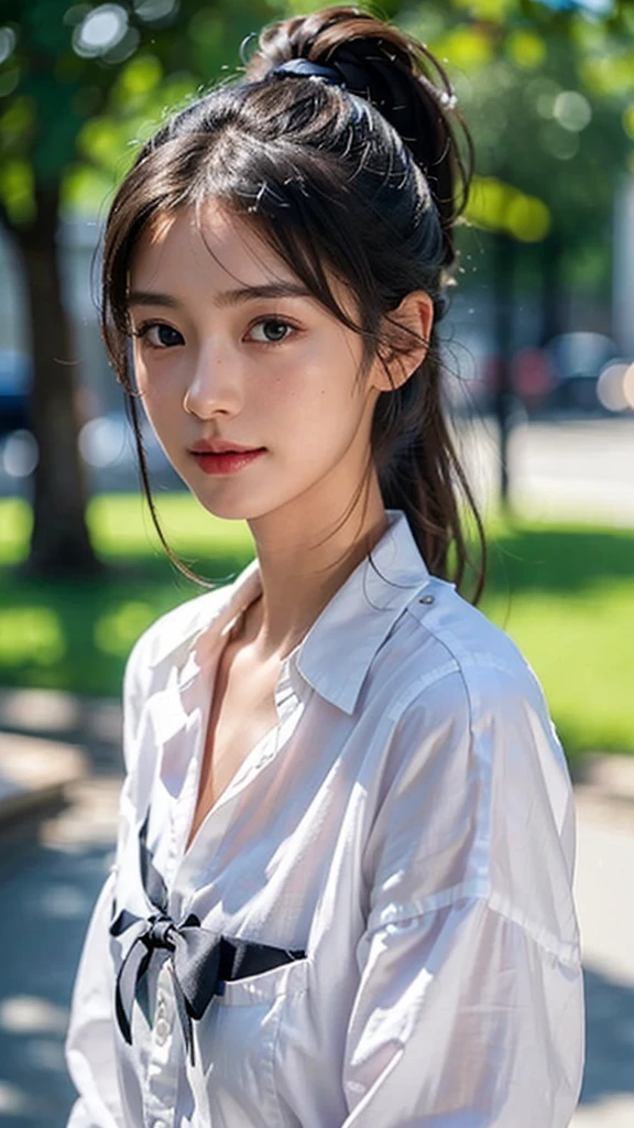 White collared shirt,jeans,outdoors,Urban Park,On the lawn,One woman,close up face,fully body photo,masutepiece, The highest image quality, High quality, the background is clear，Beautiful woman, Japanese, Detailed, Ultra-detailed, finely detail, hight resolution, 8K Wallpaper, Perfect dynamic composition, Beautiful detailed eyes ,Detailed eyes, Detailed skin, Beautiful skin, 超hight resolution, (reality: 1.4),Very beautiful woman, Slightly younger face, Beautiful skin, slender, (Ultra photo realsisim), (hight resolution), (8K), (Very detailed) (beautifully detailed eyes), (super detailed),   (Detailed face), view the viewer, Fine details, Detailed face, Staring straight ahead, Staring straight ahead, photos realistic, Bright lighting, Professional Lighting, Black hair,poneyTail,a baby face,sixteen years old,Hairstyle: ponytail,Long ponytail hairstyle,slight smile,