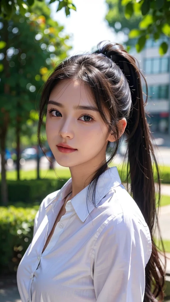 White collared shirt,jeans,outdoors,Urban Park,On the lawn,One woman,close up face,fully body photo,masutepiece, The highest image quality, High quality, the background is clear，Beautiful woman, Japanese, Detailed, Ultra-detailed, finely detail, hight resolution, 8K Wallpaper, Perfect dynamic composition, Beautiful detailed eyes ,Detailed eyes, Detailed skin, Beautiful skin, 超hight resolution, (reality: 1.4),Very beautiful woman, Slightly younger face, Beautiful skin, slender, (Ultra photo realsisim), (hight resolution), (8K), (Very detailed) (beautifully detailed eyes), (super detailed),   (Detailed face), view the viewer, Fine details, Detailed face, Staring straight ahead, Staring straight ahead, photos realistic, Bright lighting, Professional Lighting, Black hair,poneyTail,a baby face,sixteen years old,Hairstyle: ponytail,Long ponytail hairstyle,slight smile,
