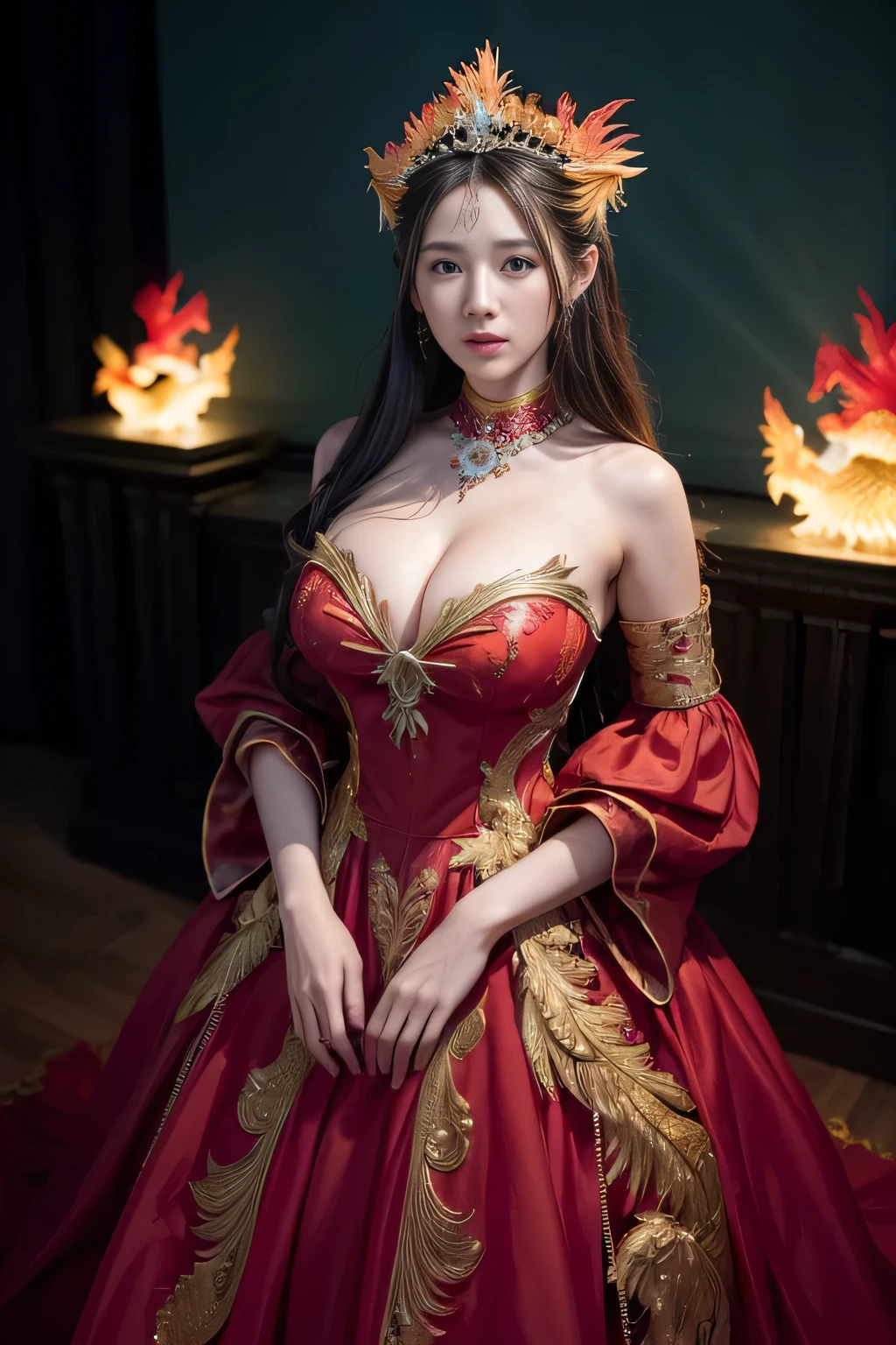 1 heroine, 1 beautiful princess, In the Dark: 1.6), surreal female portrait by David Hockney and Alphonse Mucha, fantasy art, korea doll, photorealism, dynamic lighting, artstation, poster, volumetric lighting, very detailed faces, 8k ultra, all body, Awarded, in the dark, deep shadow, low key, cowboy lens, (Red phoenix dress: 1.4), long hair, black hair, bust, luxurious palace, Royal style, Princess crown, Big round black eyes, style Royal, The most beautiful face, big and regular breasts, Super realistic,