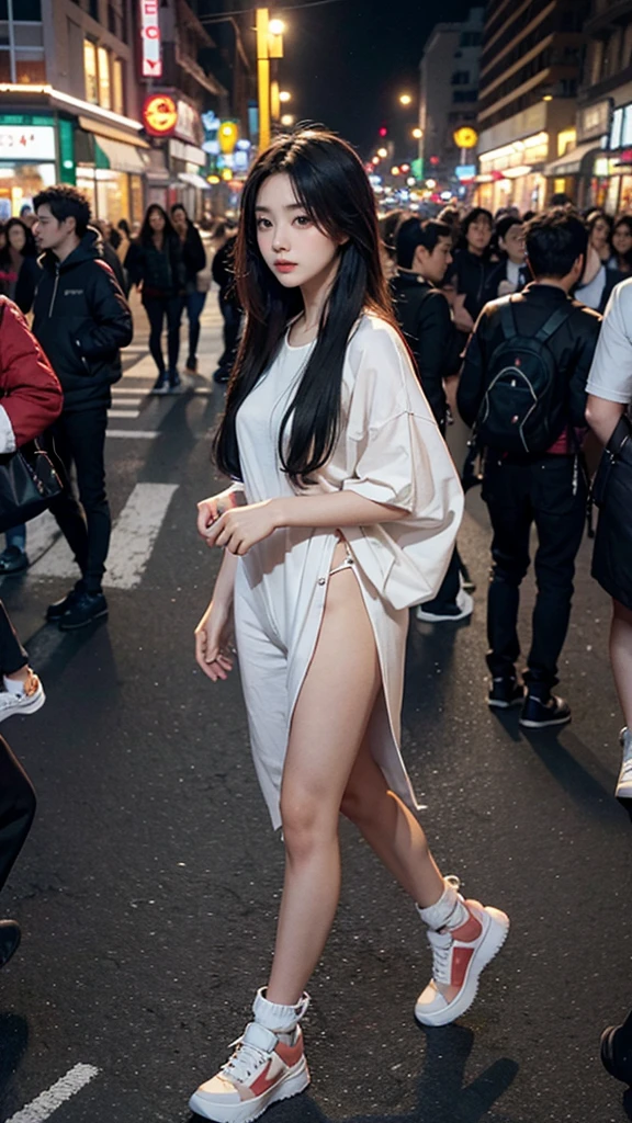 In the evening, the lights are on, the street, the traffic, the crowd, the long-haired girl walks alone