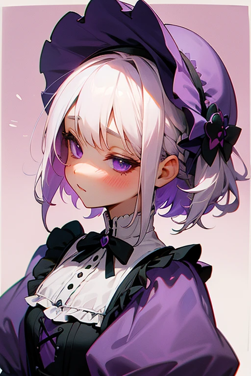 Short white hair, blush, Headbang 2.、cute、Beautiful woman、Stylish Gothic Lolita、Purple clothes、、Braiding、Background London、