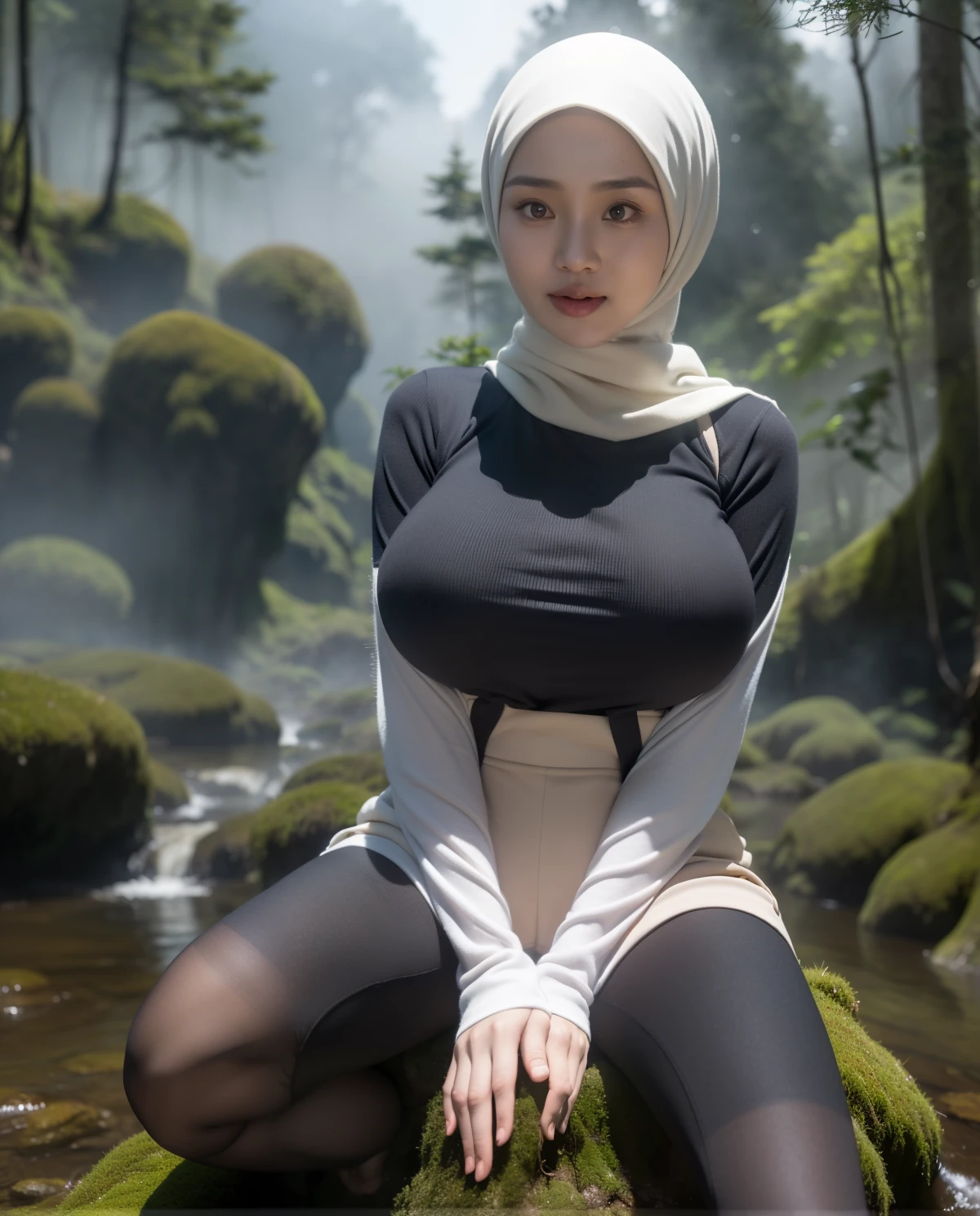 full body portrait photo of a young Javanese woman in hijab with polo cap, wearing pinafore over long sleeve shirt, hotpant with leggings, big boobs.", she is climbing mountain, big . sensual body, (( in misty forest mountains)), highres, 4k, HDR, 1girl, photorealistic, realistic, big , turning face towards viewer, closeup