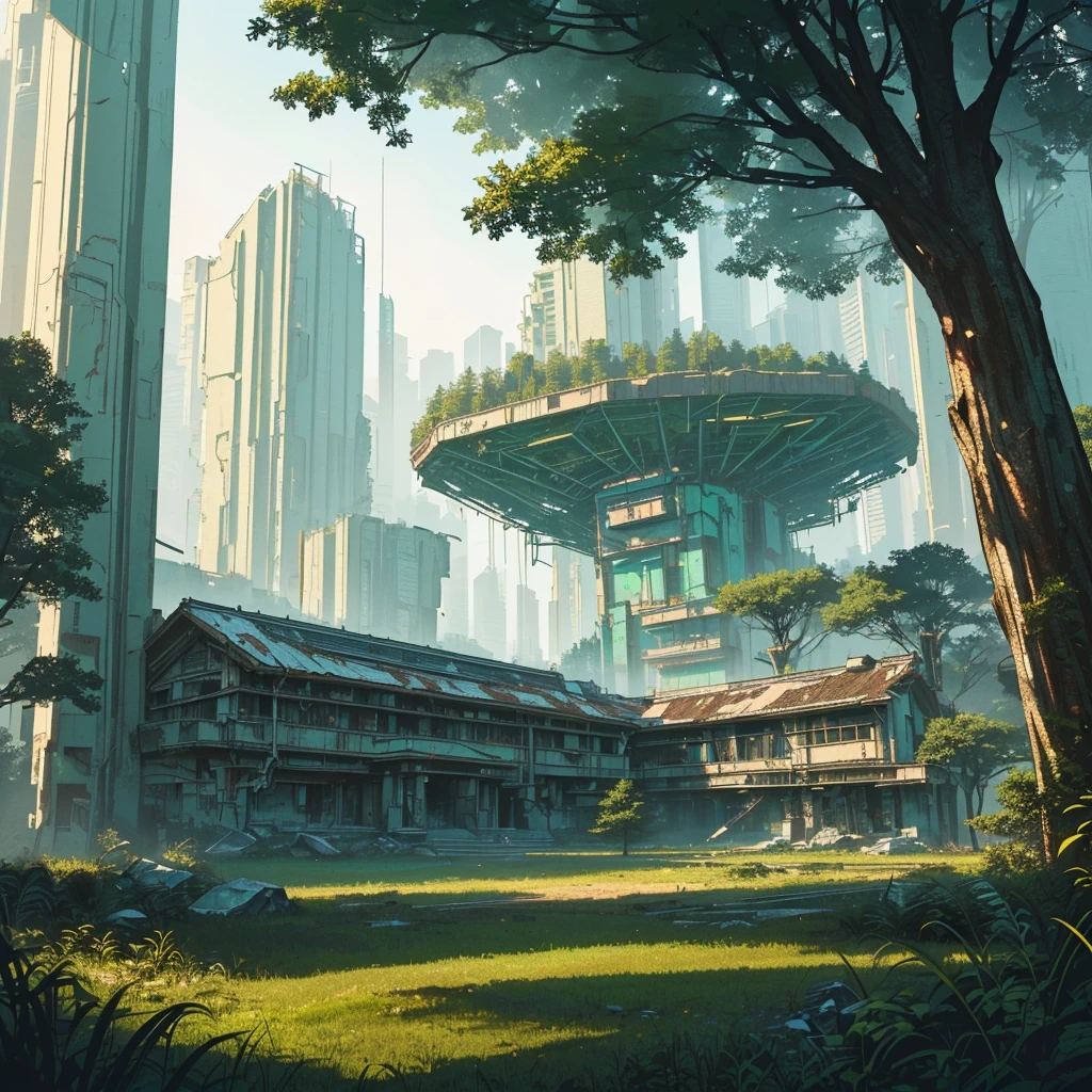 Cyberpunk, broken, there is a dense primeval forest with a lot of vintage house building pictures, cyberpunk, broken, there are a lot of stones, green lush forest background, thick tree background, large meadow, arena background, game background, exaggerated forest background, cartoon style